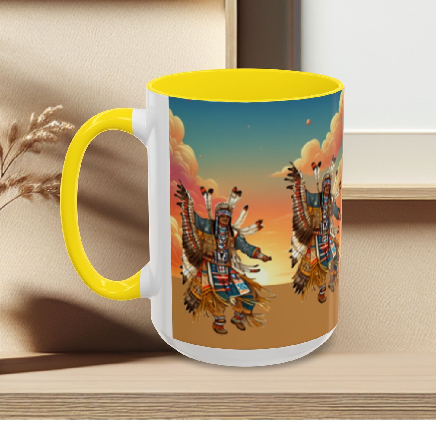 Sunset Powwow Ceramic Mug — Native American Dancer Accent Coffee Mug (11/15oz)