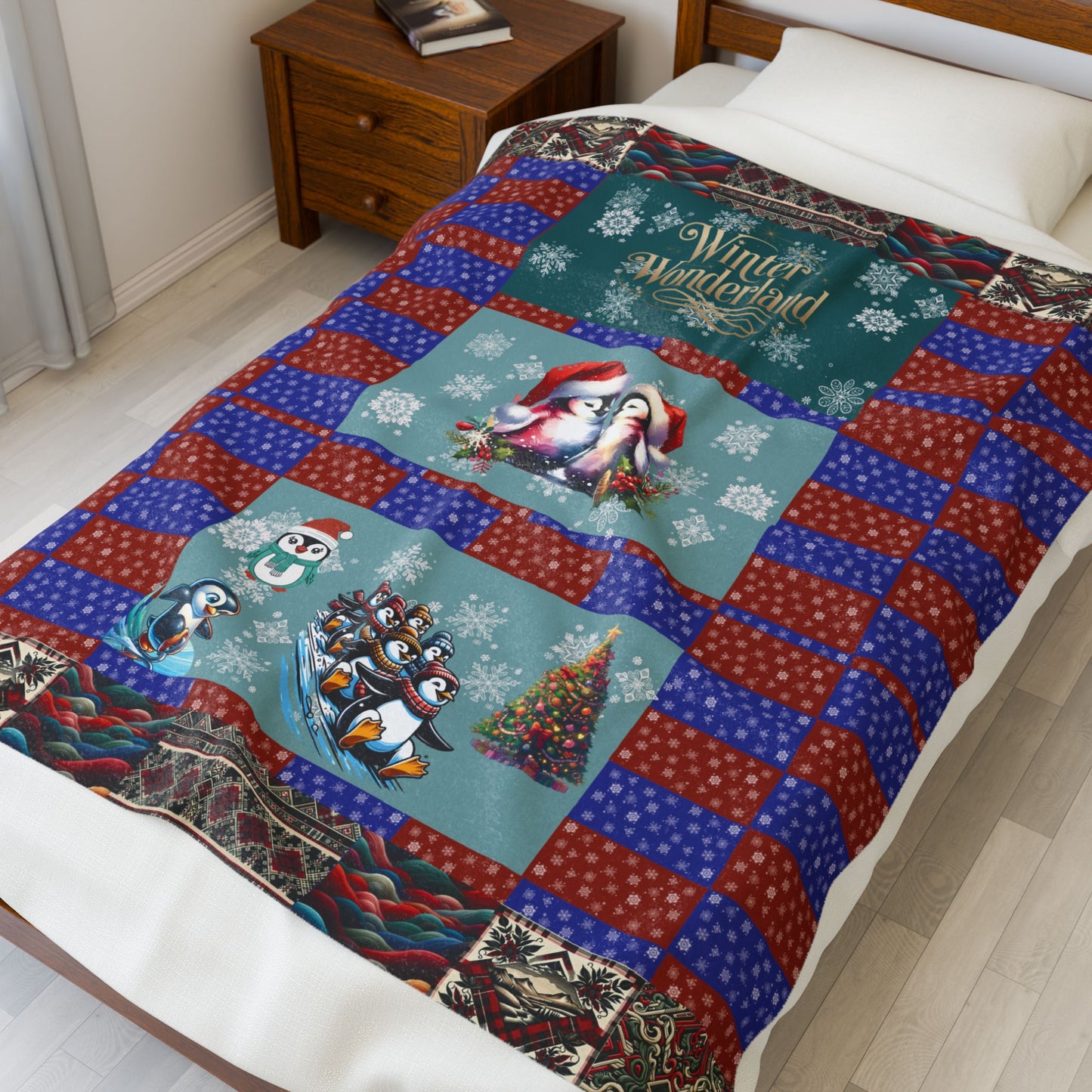 Winter Wonderland Velveteen Plush Blanket — Penguins at Play & In Love Throw