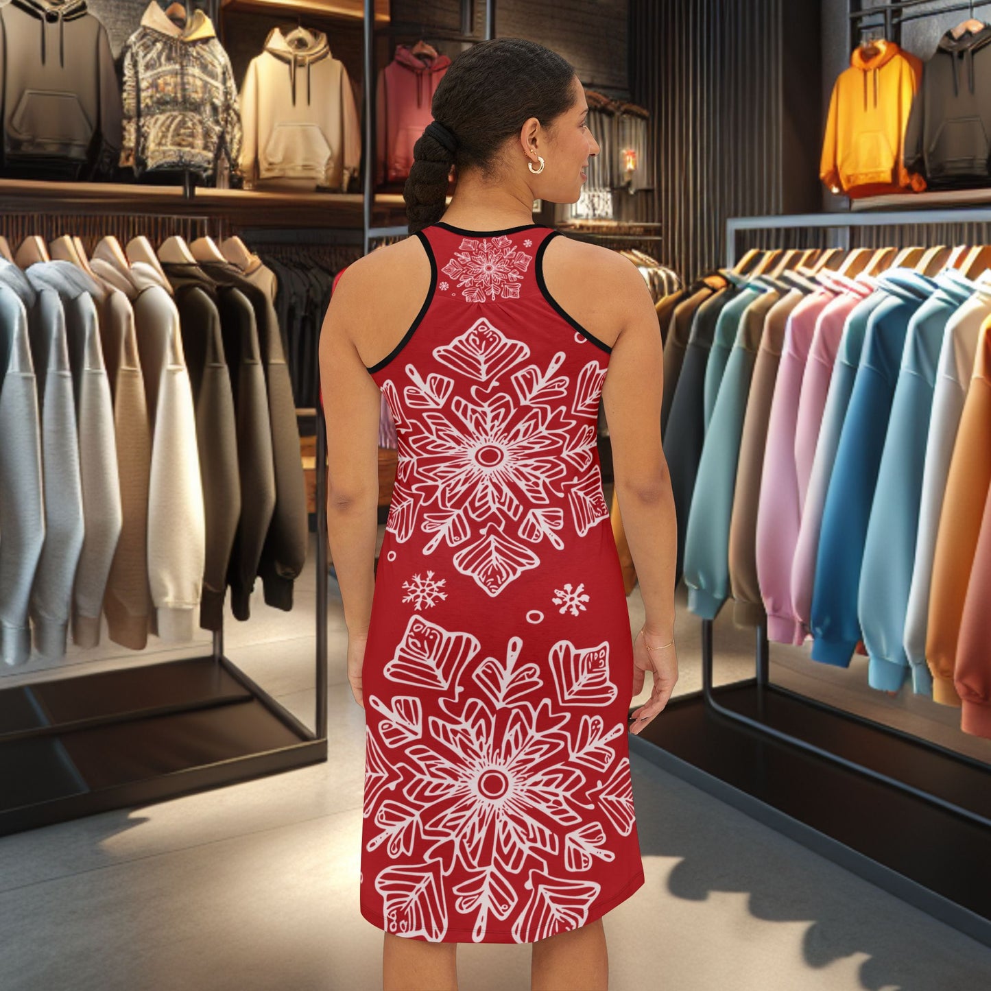 Racerback Dress — Festive Red Snowflake All-Over Print