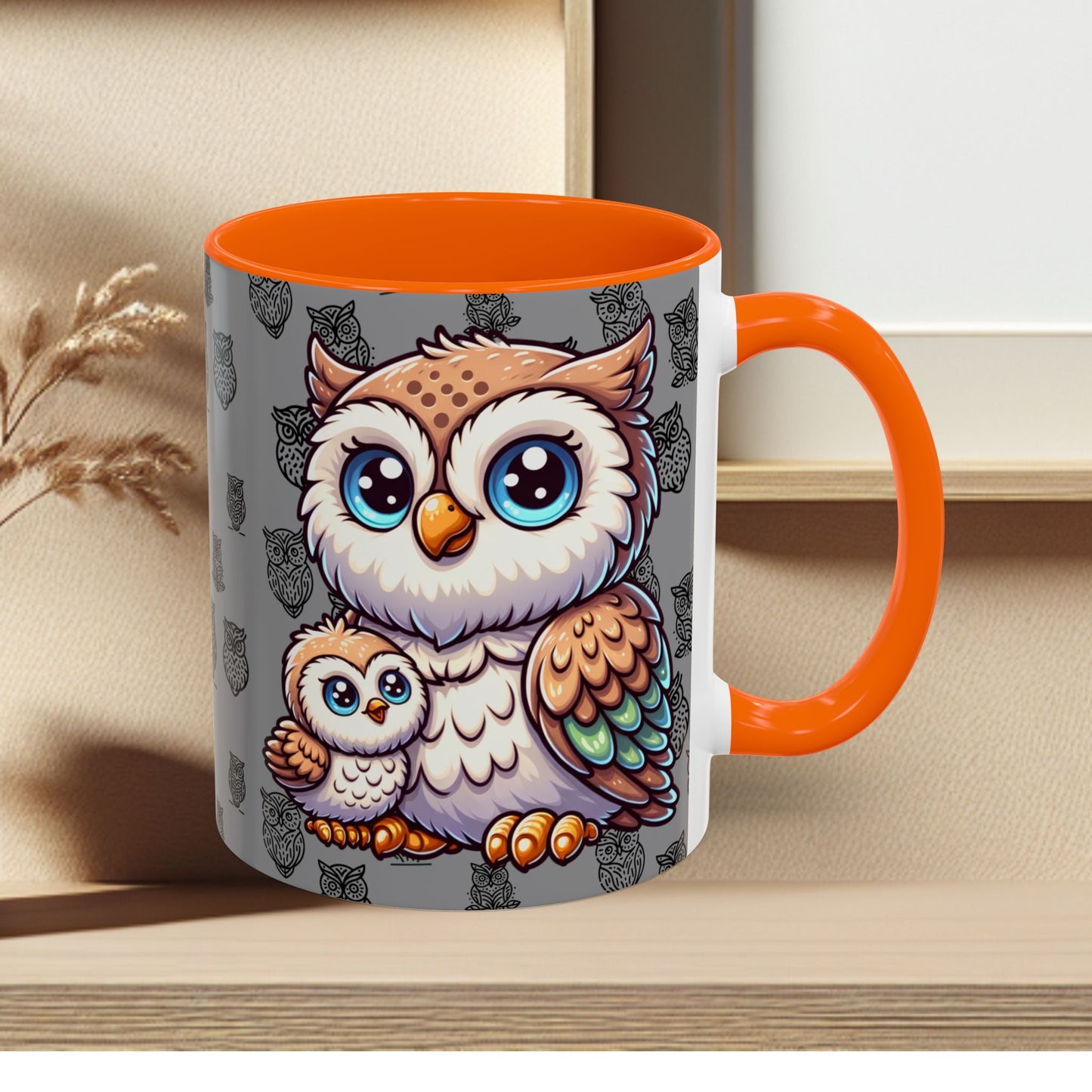 Gray Coffee Mug - Owl Family - Colorful Inspirational Owl Design