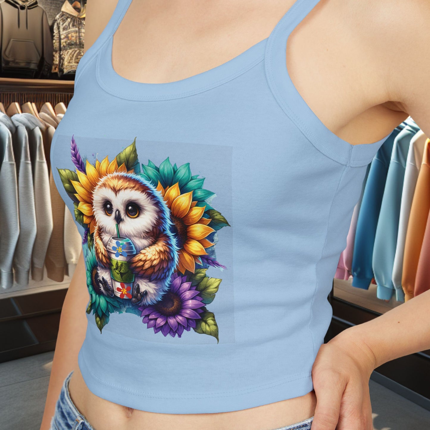 Owl With a Water Bottle Floral Tank Top - Women's Spaghetti Strap