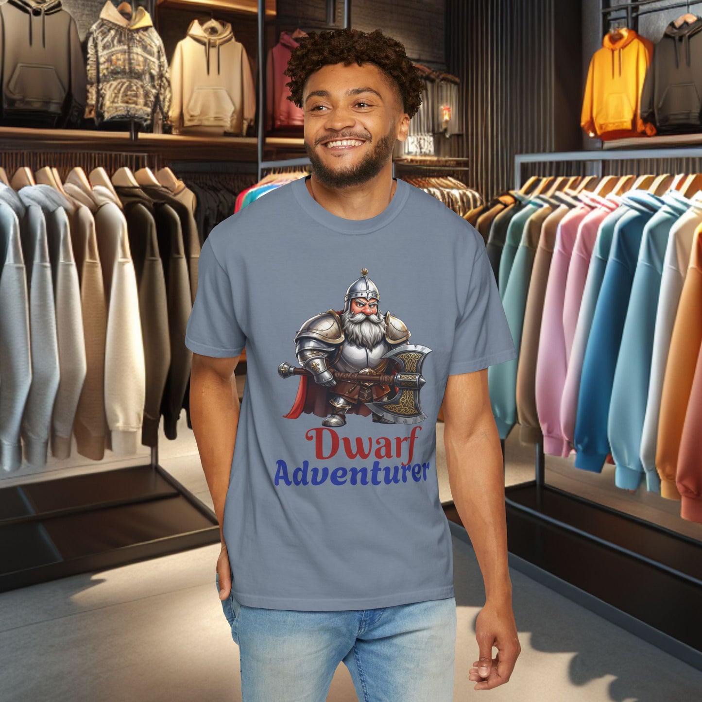 Dwarf Adventurer Tee — Dwarf with Armor and Battle Axe Graphic T-Shirt