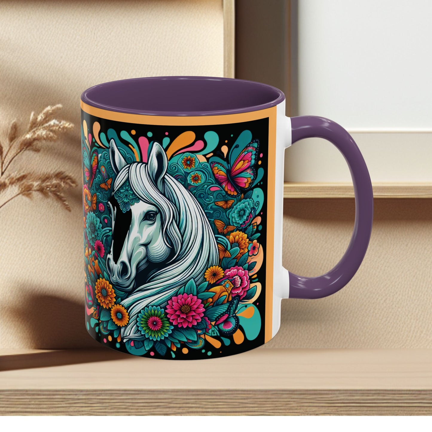 Coffee Mug White Horses with Blue Highlights in Flowers - Mug