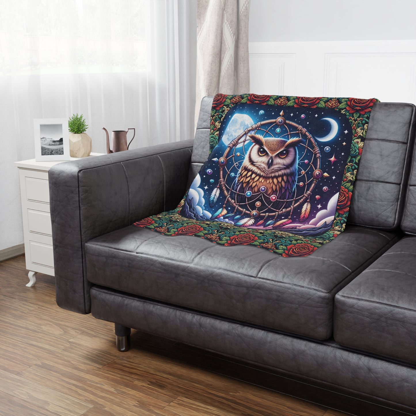 Owl Dreamcatcher Minky Blanket – Boho Night Sky Throw with Roses