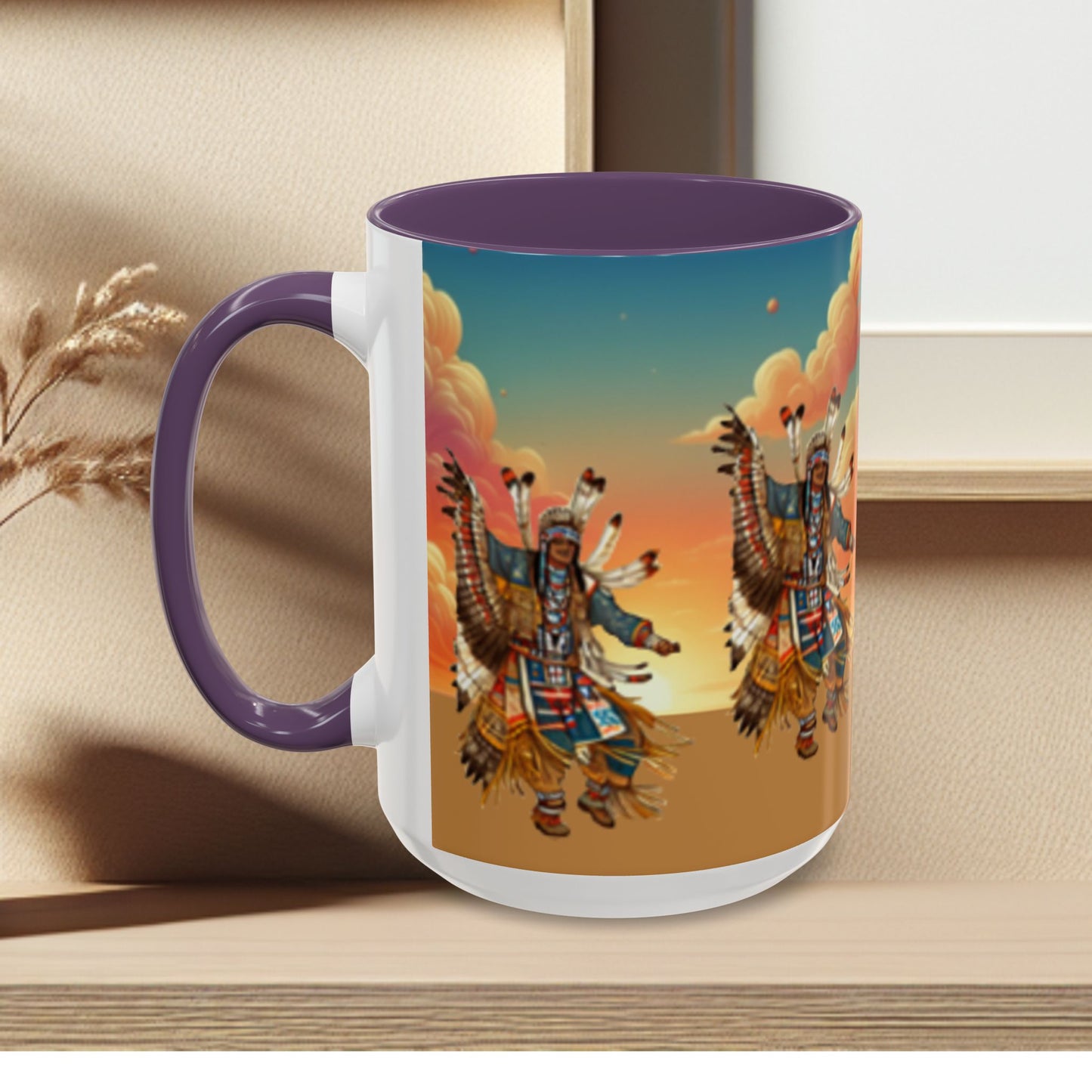 Sunset Powwow Ceramic Mug — Native American Dancer Accent Coffee Mug (11/15oz)