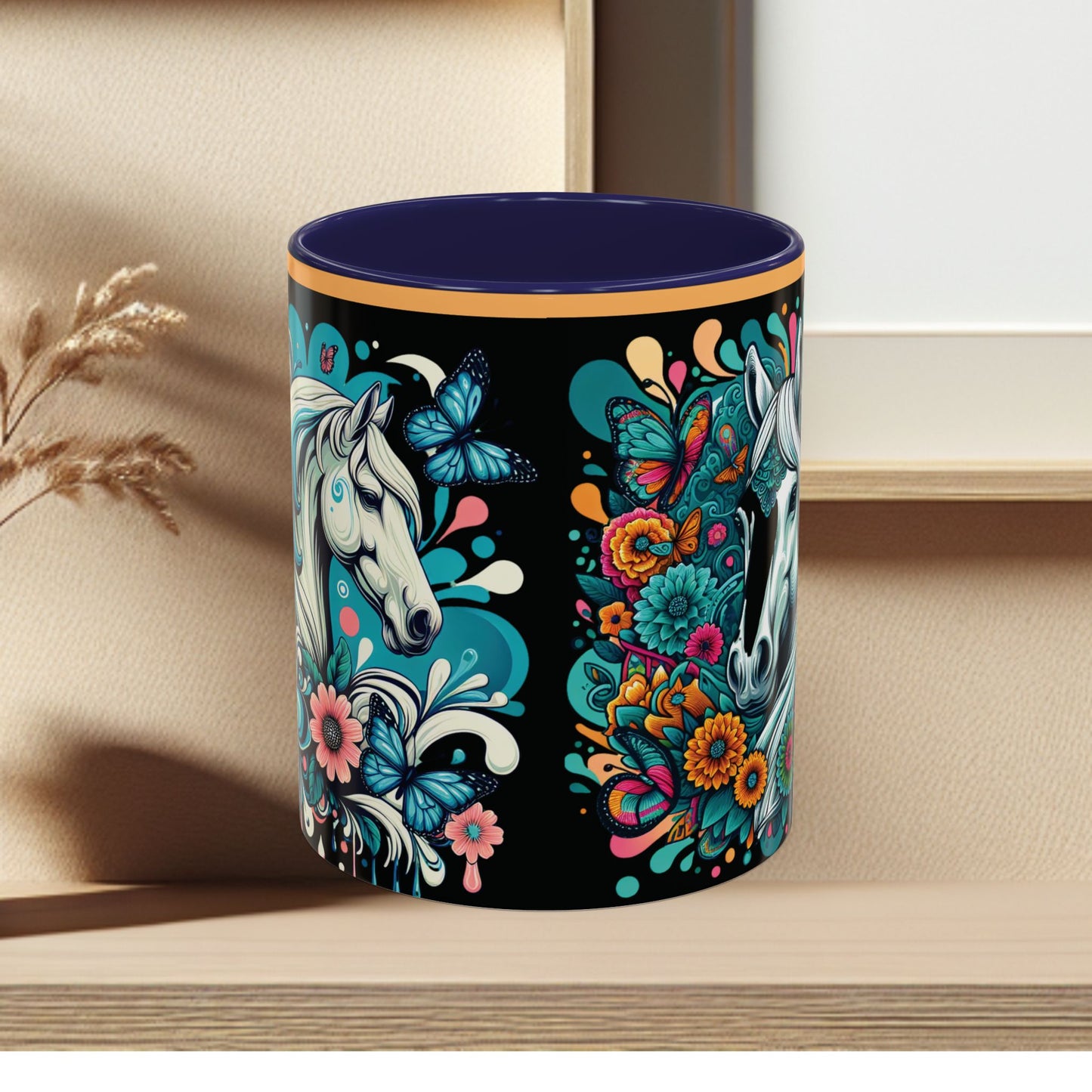 Coffee Mug White Horses with Blue Highlights in Flowers - Mug