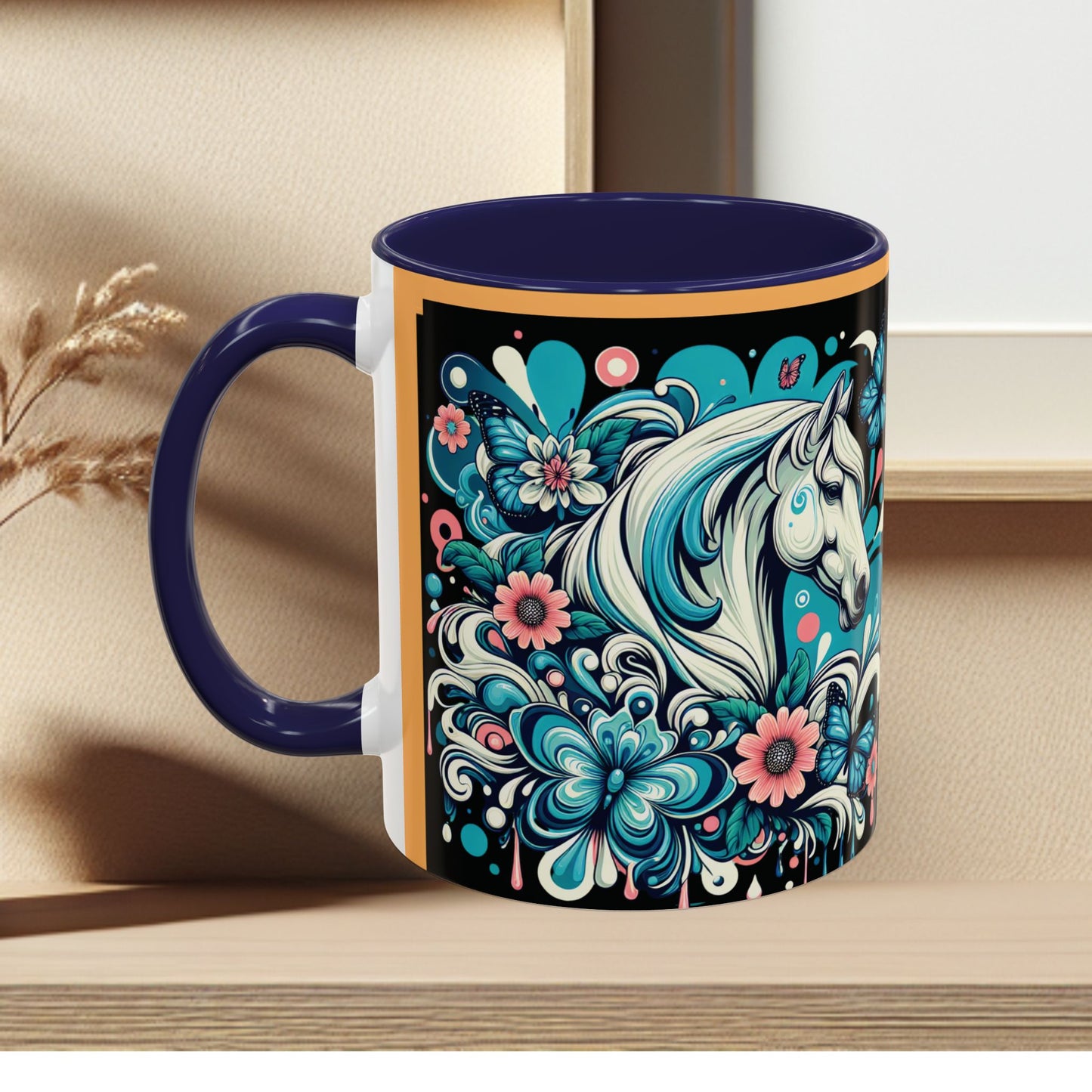 Coffee Mug White Horses with Blue Highlights in Flowers - Mug
