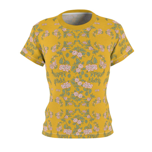 Women's Tee - Yellow with a pink floral print