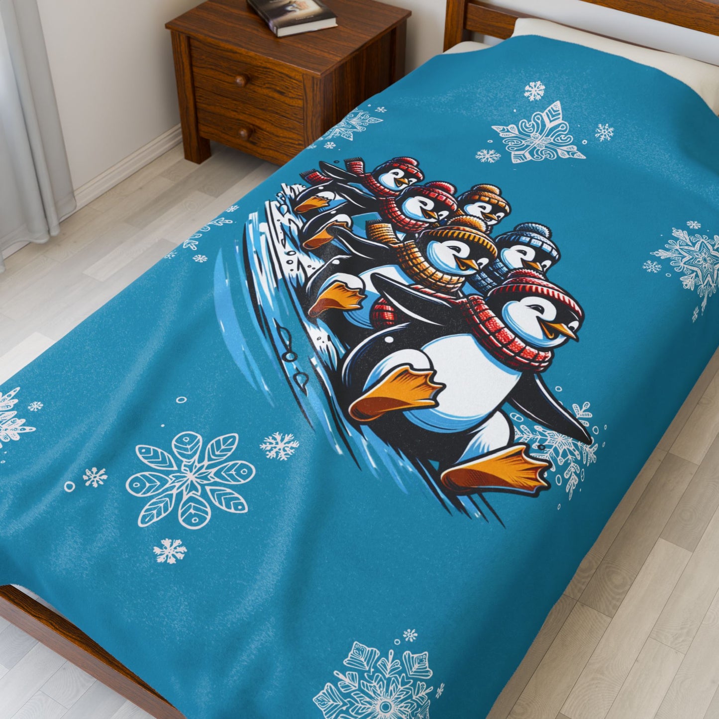 Sledding Penguins - Velveteen Plush Blanket