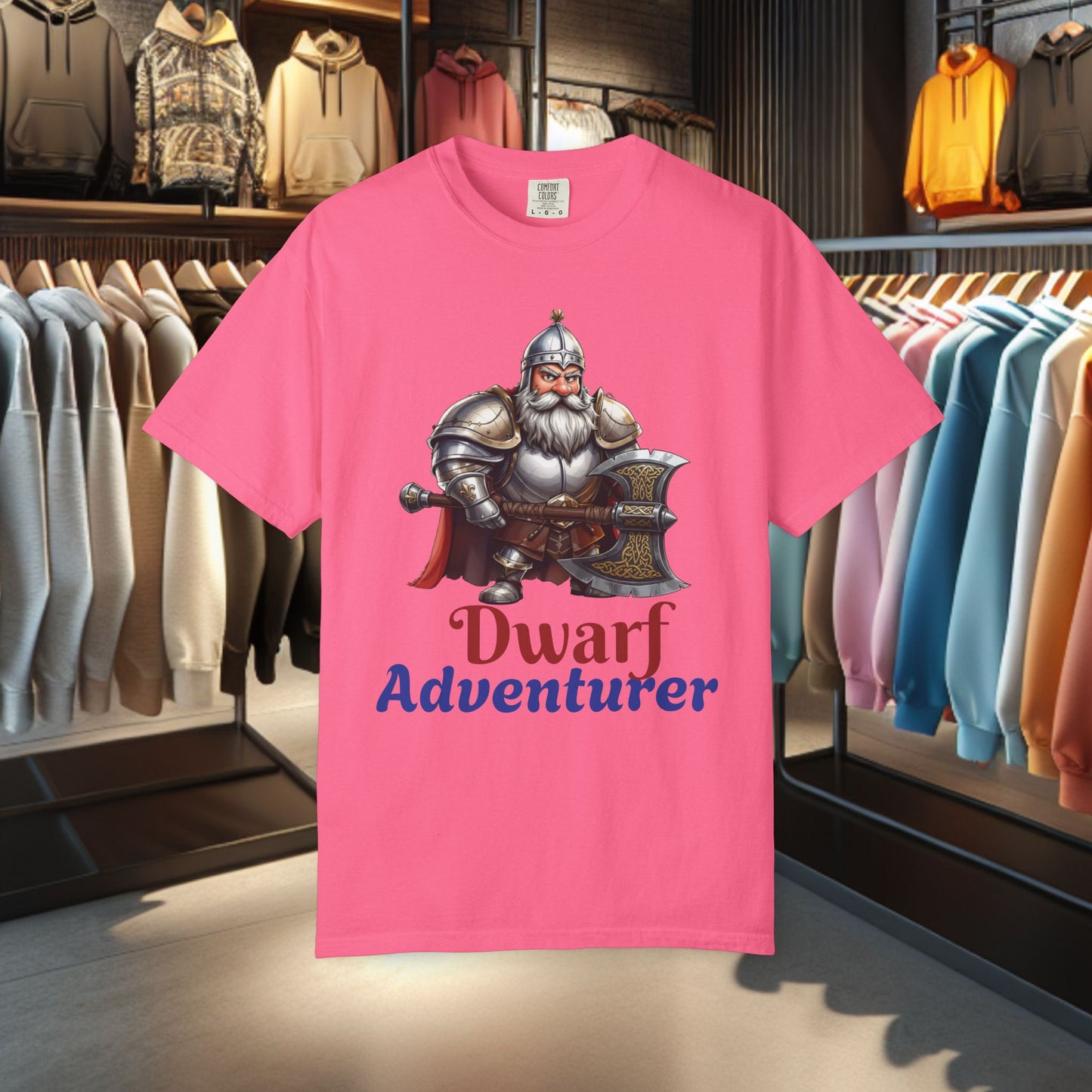 Dwarf Adventurer Tee — Dwarf with Armor and Battle Axe Graphic T-Shirt