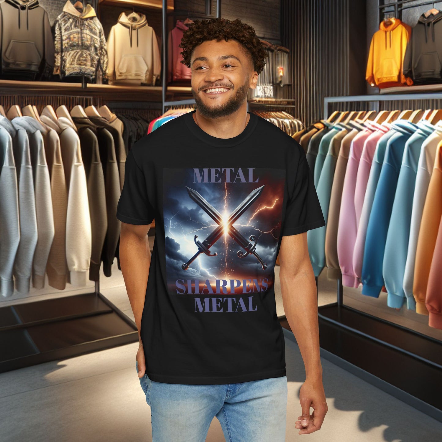Metal Sharpens Metal Tee — Clashing Swords Thunder & Lighting Graphic T-Shirt