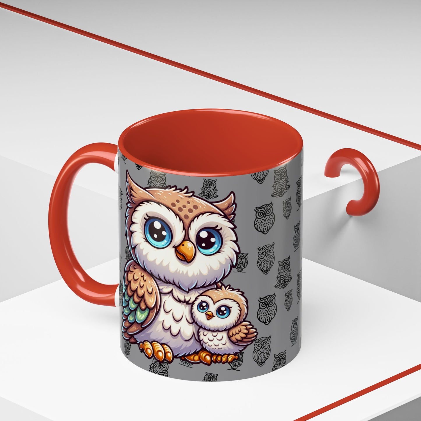 Gray Coffee Mug - Owl Family - Colorful Inspirational Owl Design