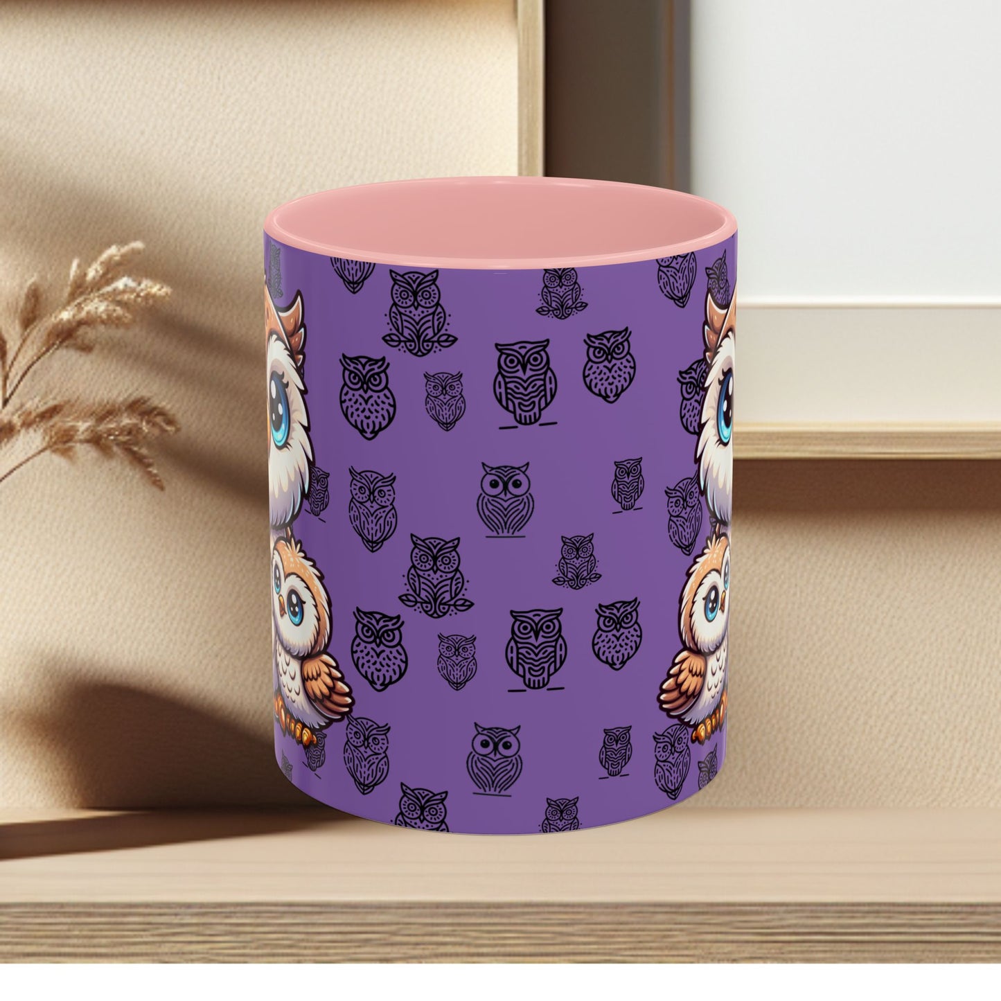 Purple Coffee Mug - Owl Family - Colorful Inspirational Owl Design
