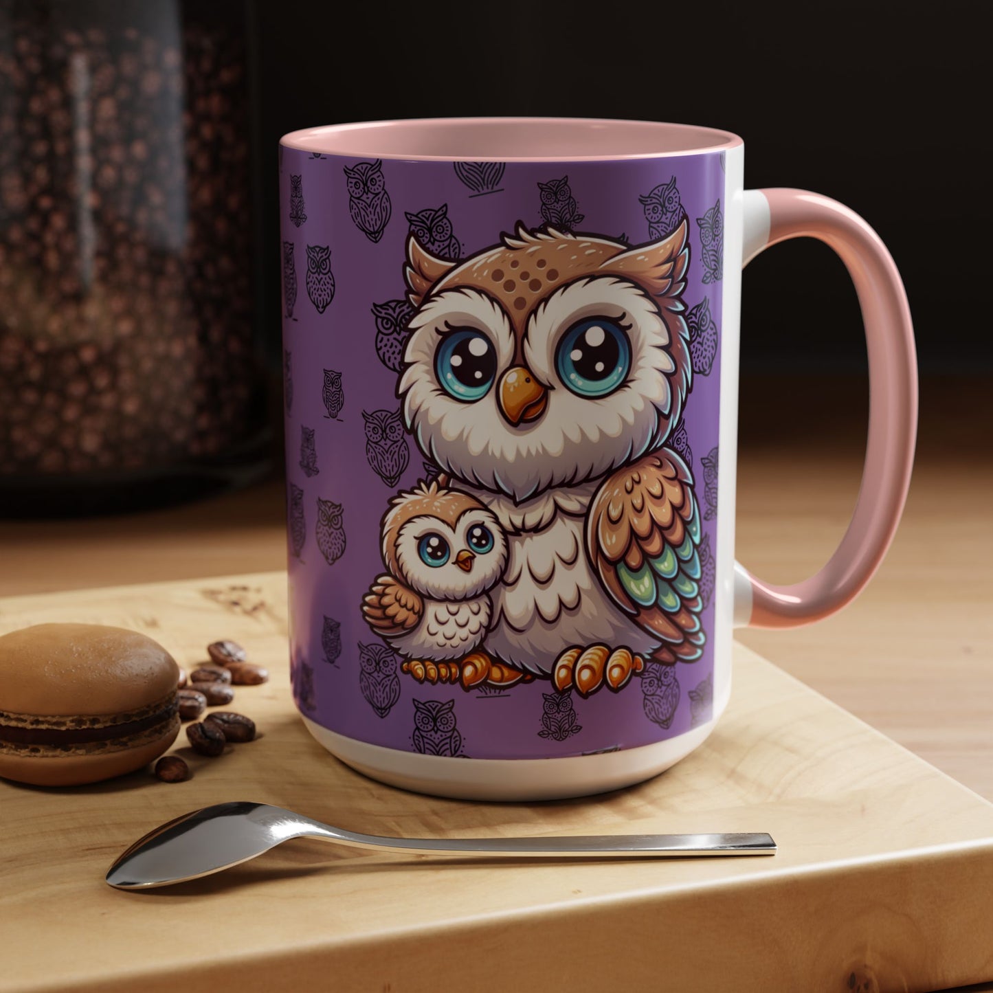 Purple Coffee Mug - Owl Family - Colorful Inspirational Owl Design