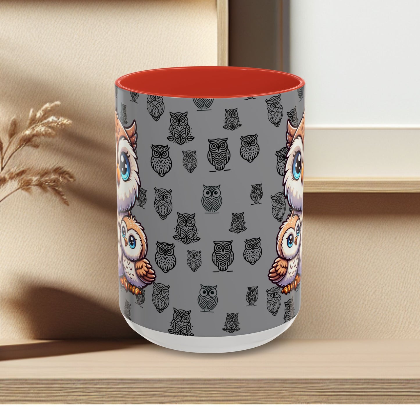Gray Coffee Mug - Owl Family - Colorful Inspirational Owl Design