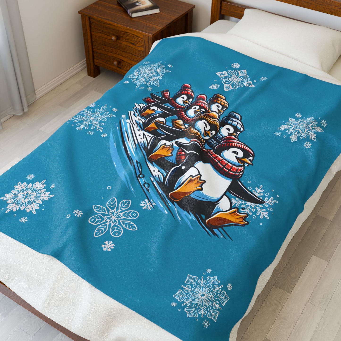 Sledding Penguins - Velveteen Plush Blanket
