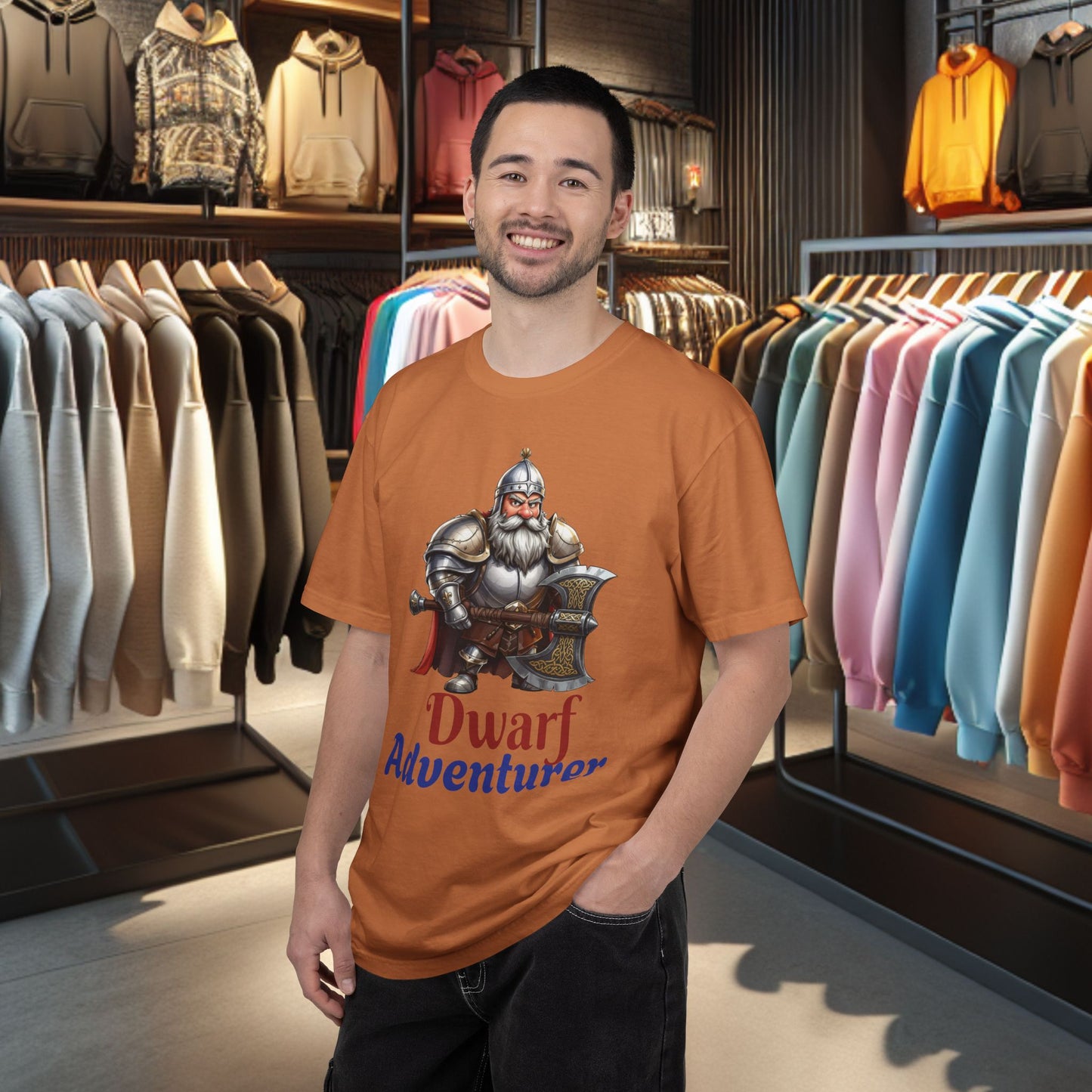 Dwarf Adventurer Tee — Dwarf with Armor and Battle Axe Graphic T-Shirt