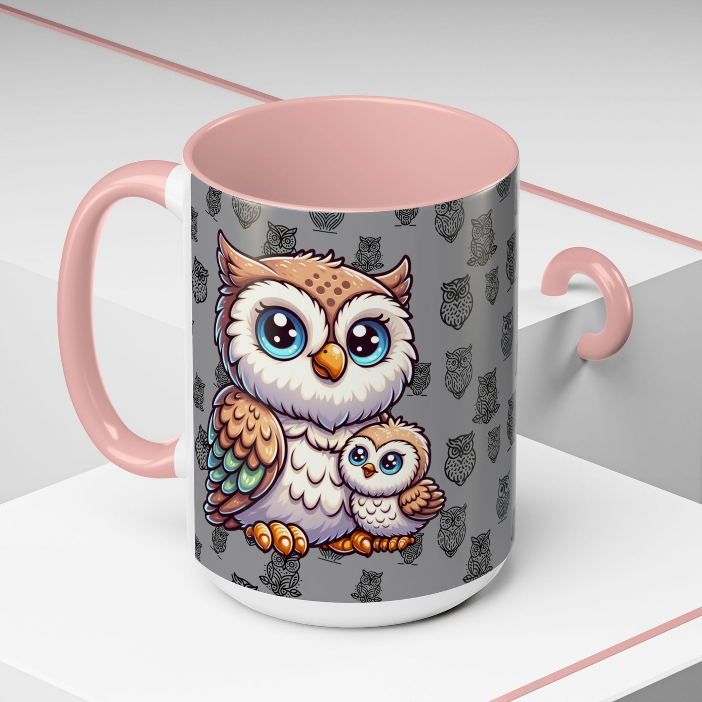 Gray Coffee Mug - Owl Family - Colorful Inspirational Owl Design