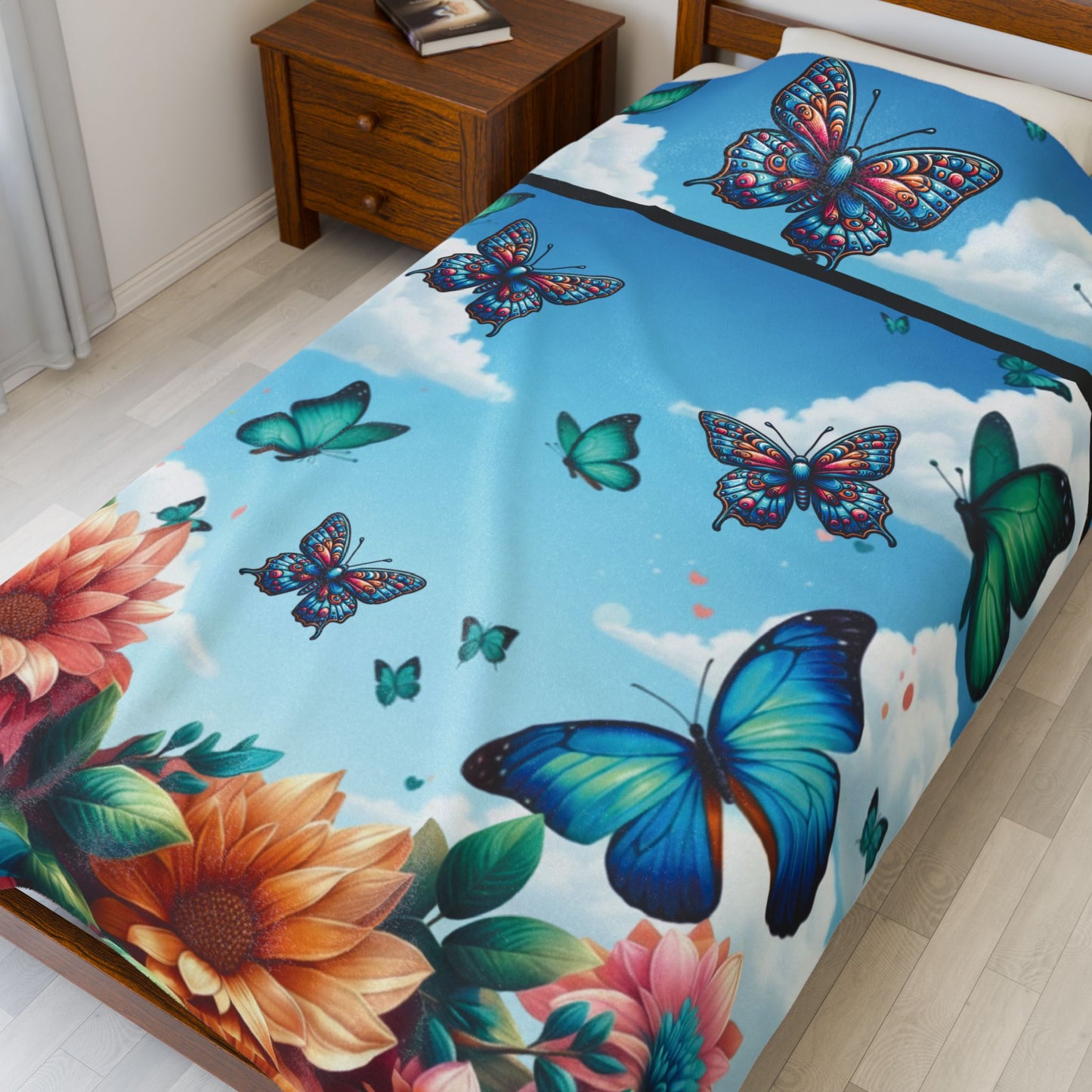 Butterfly Garden Velveteen Plush Blanket — Floral Blue Sky Cozy Throw for Women & Kids