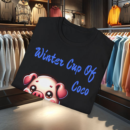 Pig Sipping on a Cup Of Coco Unisex T-Shirt - Winter Coco