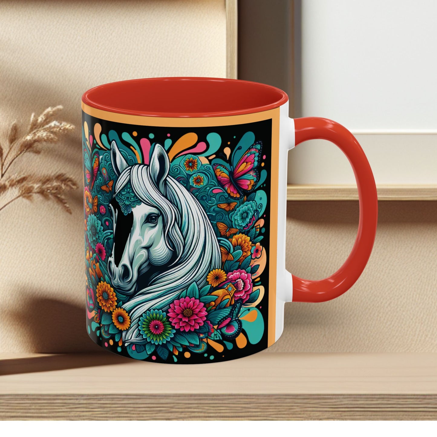 Coffee Mug White Horses with Blue Highlights in Flowers - Mug