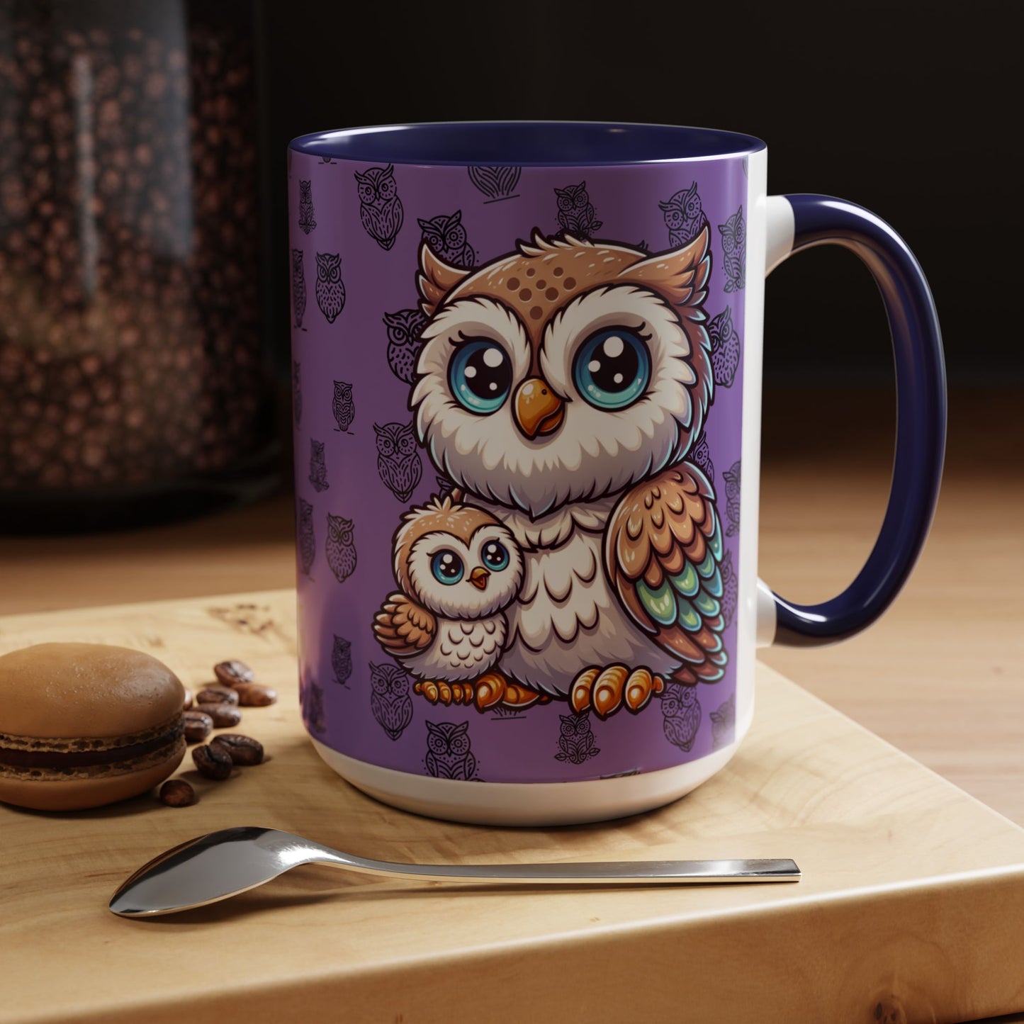 Purple Coffee Mug - Owl Family - Colorful Inspirational Owl Design