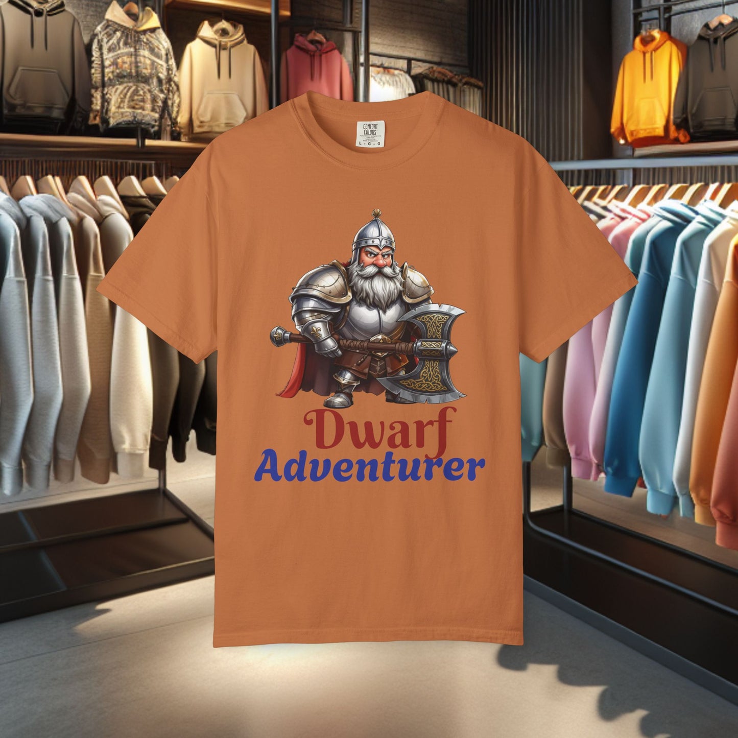 Dwarf Adventurer Tee — Dwarf with Armor and Battle Axe Graphic T-Shirt