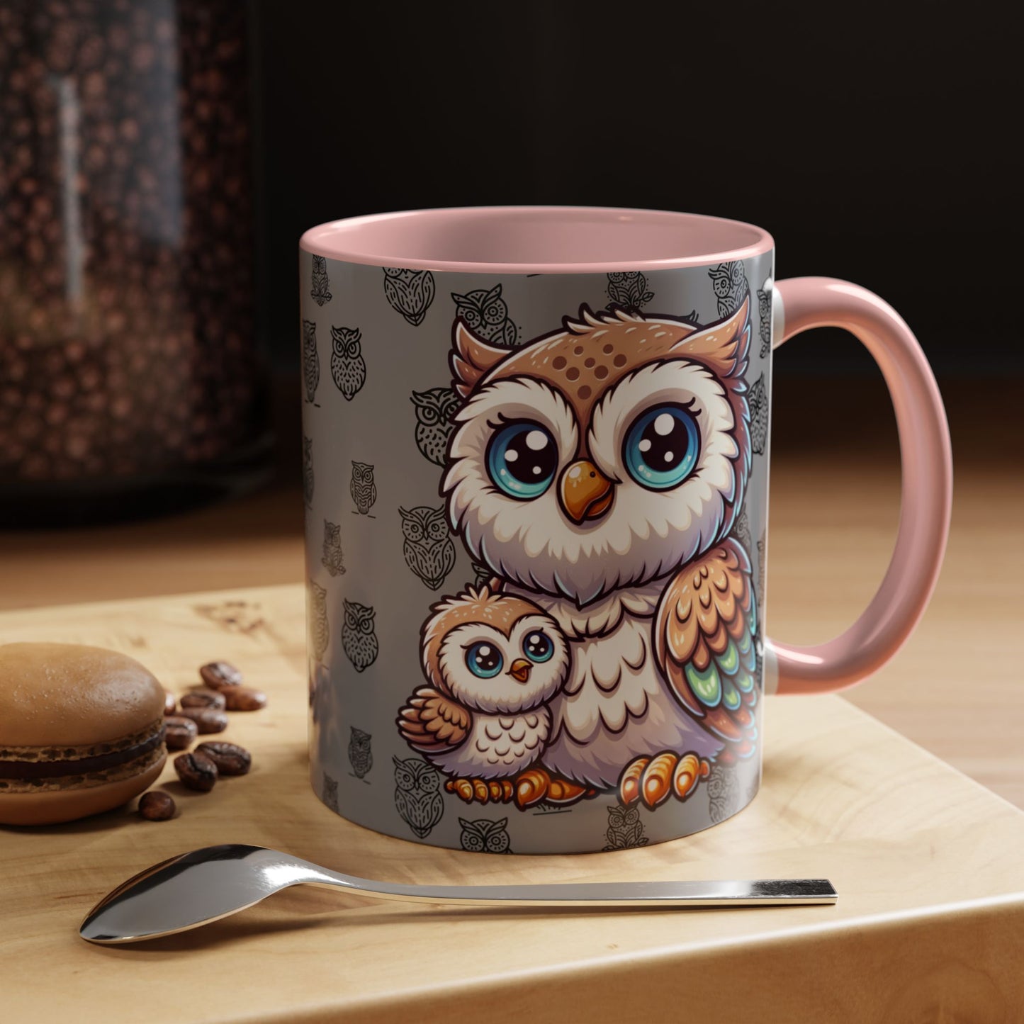 Gray Coffee Mug - Owl Family - Colorful Inspirational Owl Design