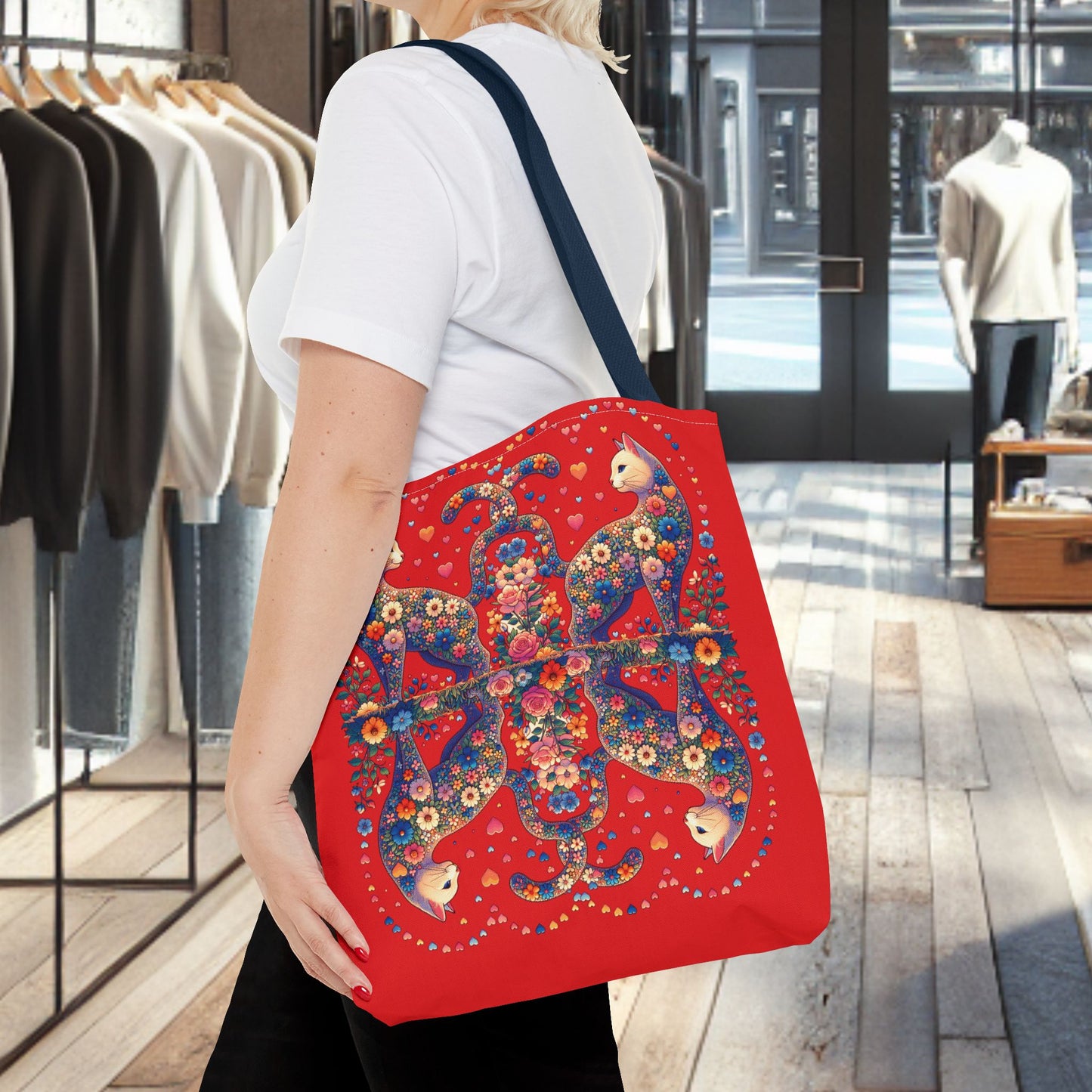 Loving Cat Flower Mozaic Tote Bag Dark Red