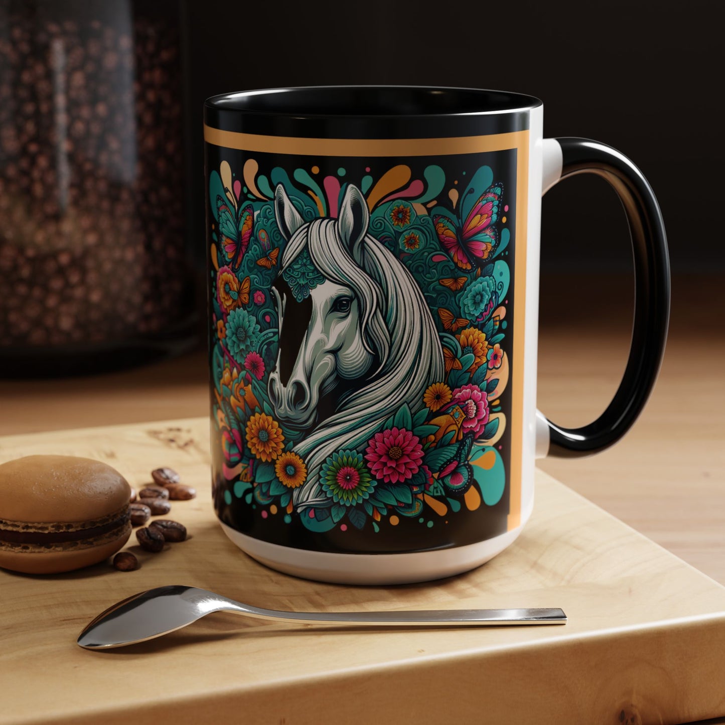 Coffee Mug White Horses with Blue Highlights in Flowers - Mug