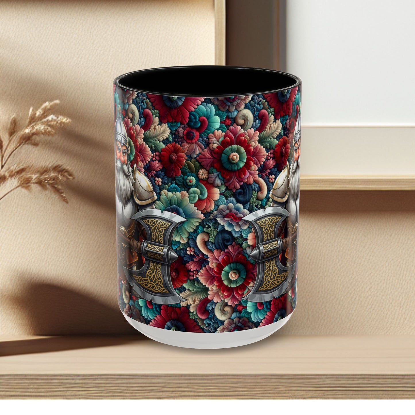 Adventurers Accent Coffee Mug — Dwarf within Armor with a Double-Bladed Battle Axe Design (11/15oz)