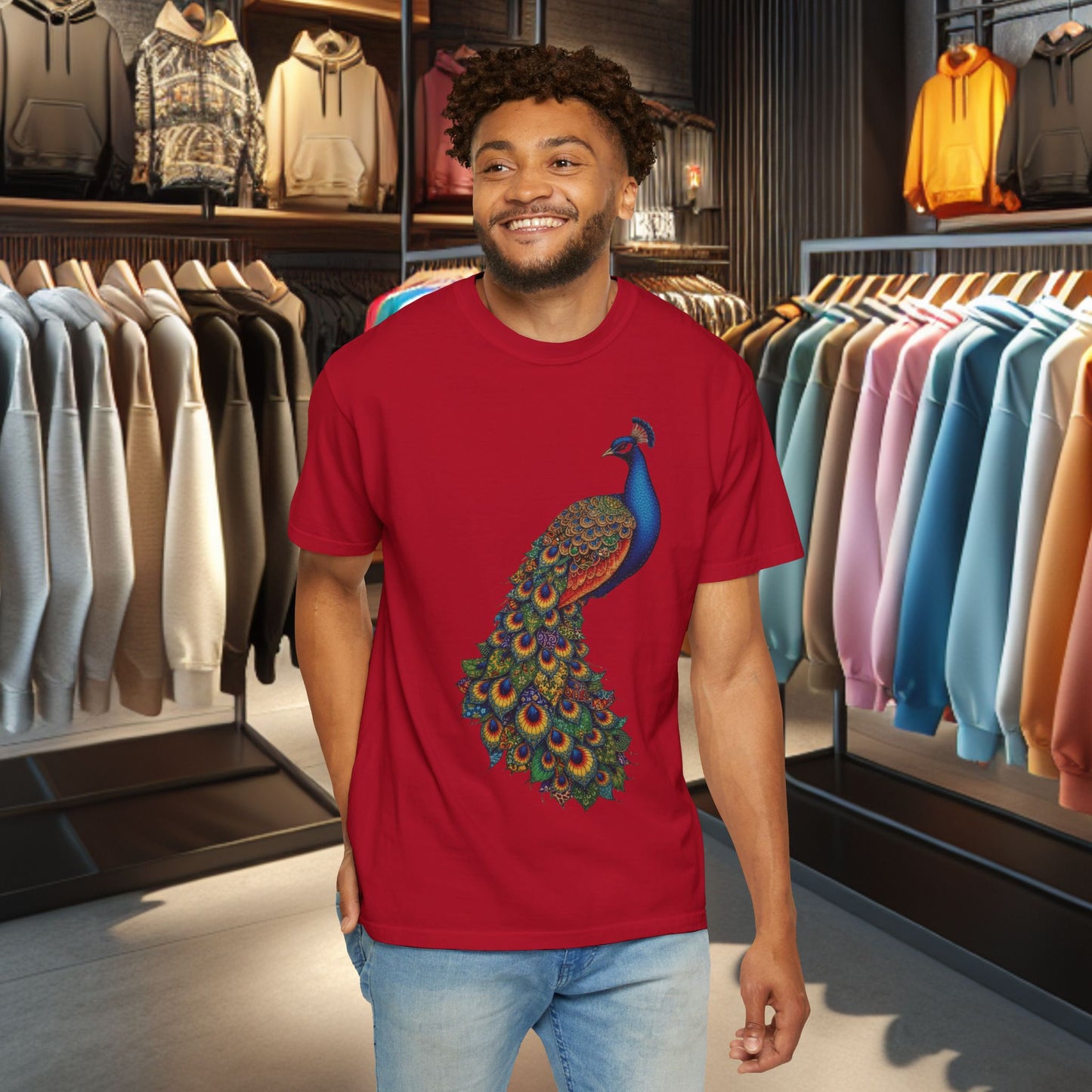 Patchwork Peacock, Garment-Dyed T-Shirt — pho Patchwork Festive Top