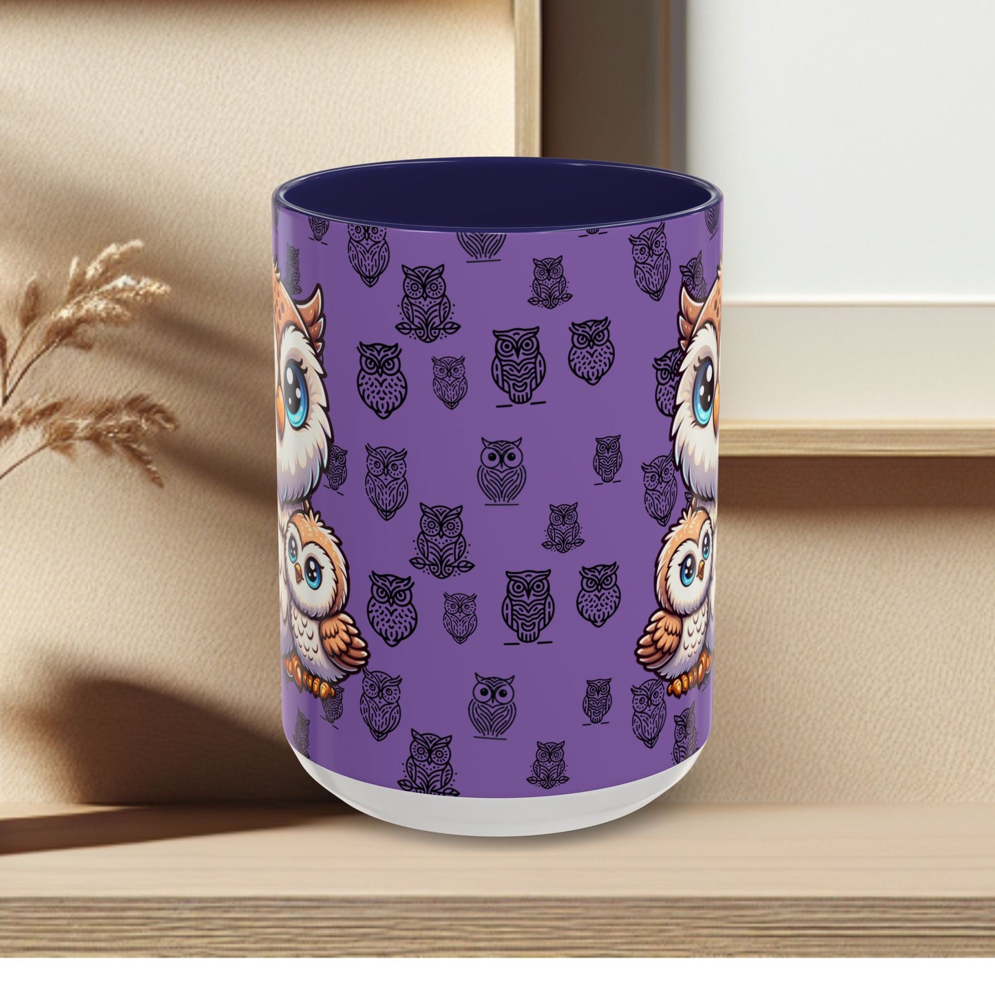 Purple Coffee Mug - Owl Family - Colorful Inspirational Owl Design