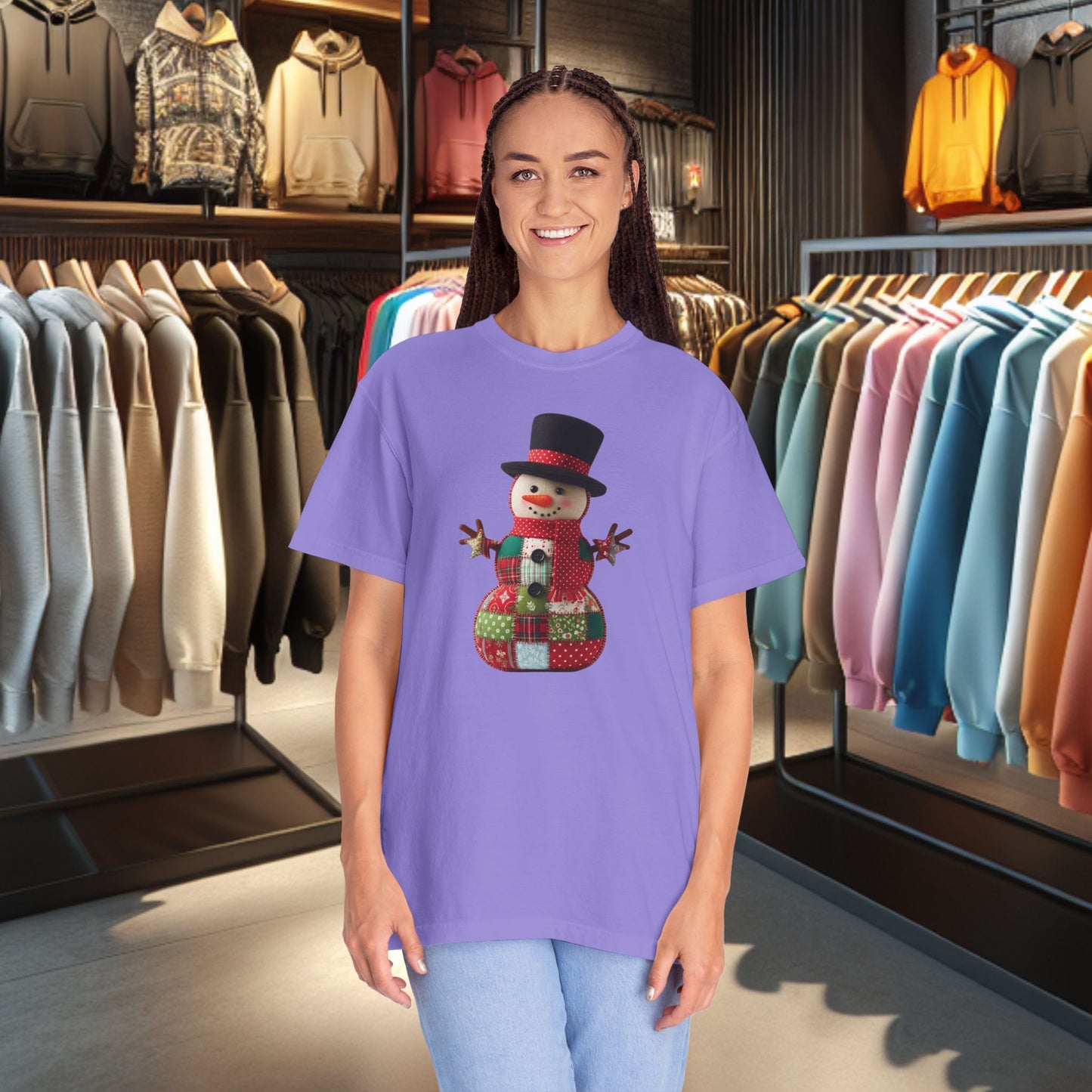 Patchwork Snowman T-Shirt — "Faux Patchwork" Garment-Dyed