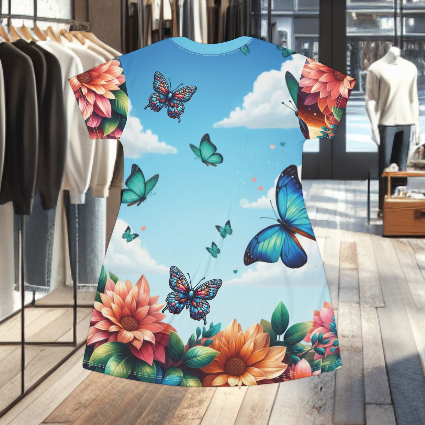 Butterfly Garden T-Shirt Dress — Floral All-Over Print