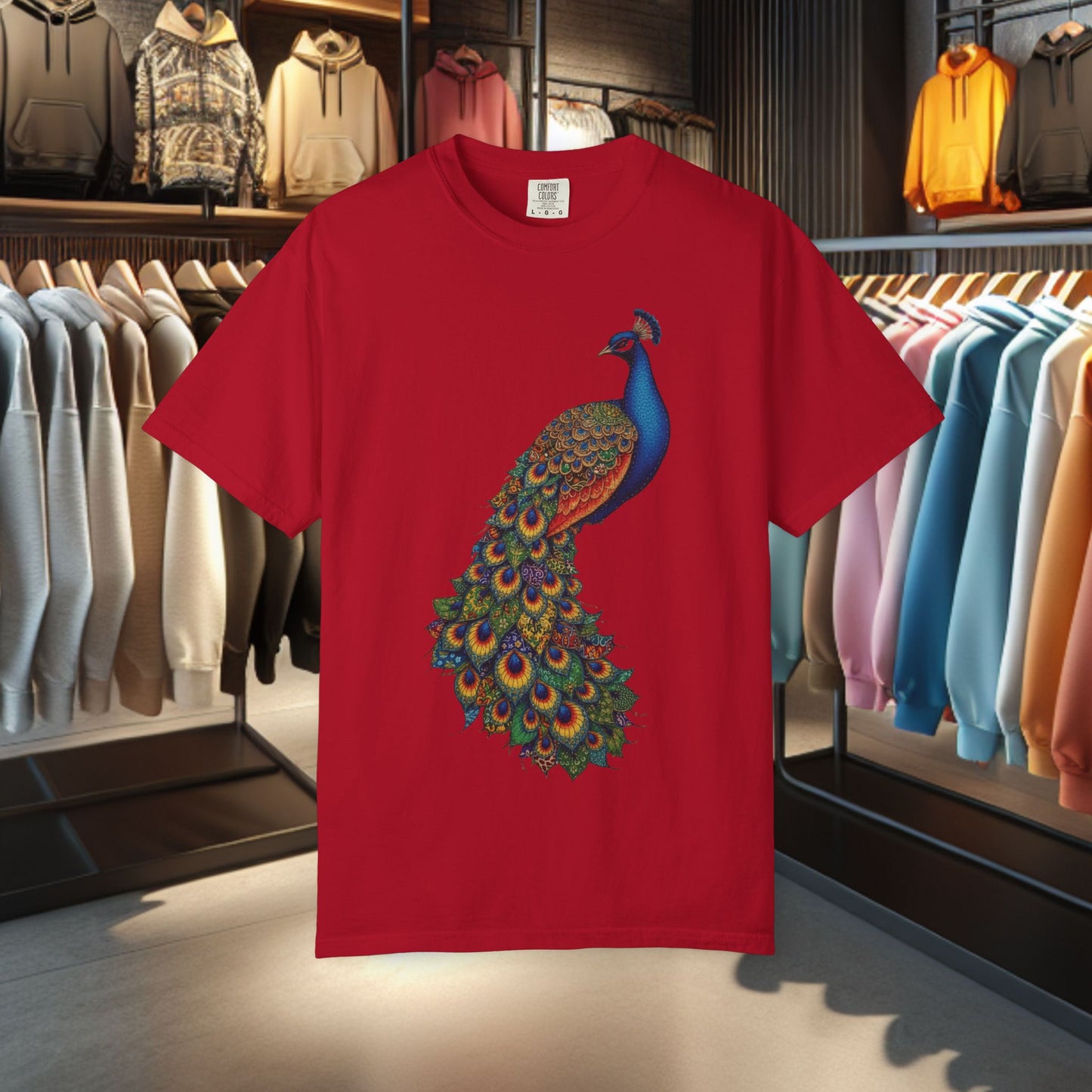 Patchwork Peacock, Garment-Dyed T-Shirt — pho Patchwork Festive Top