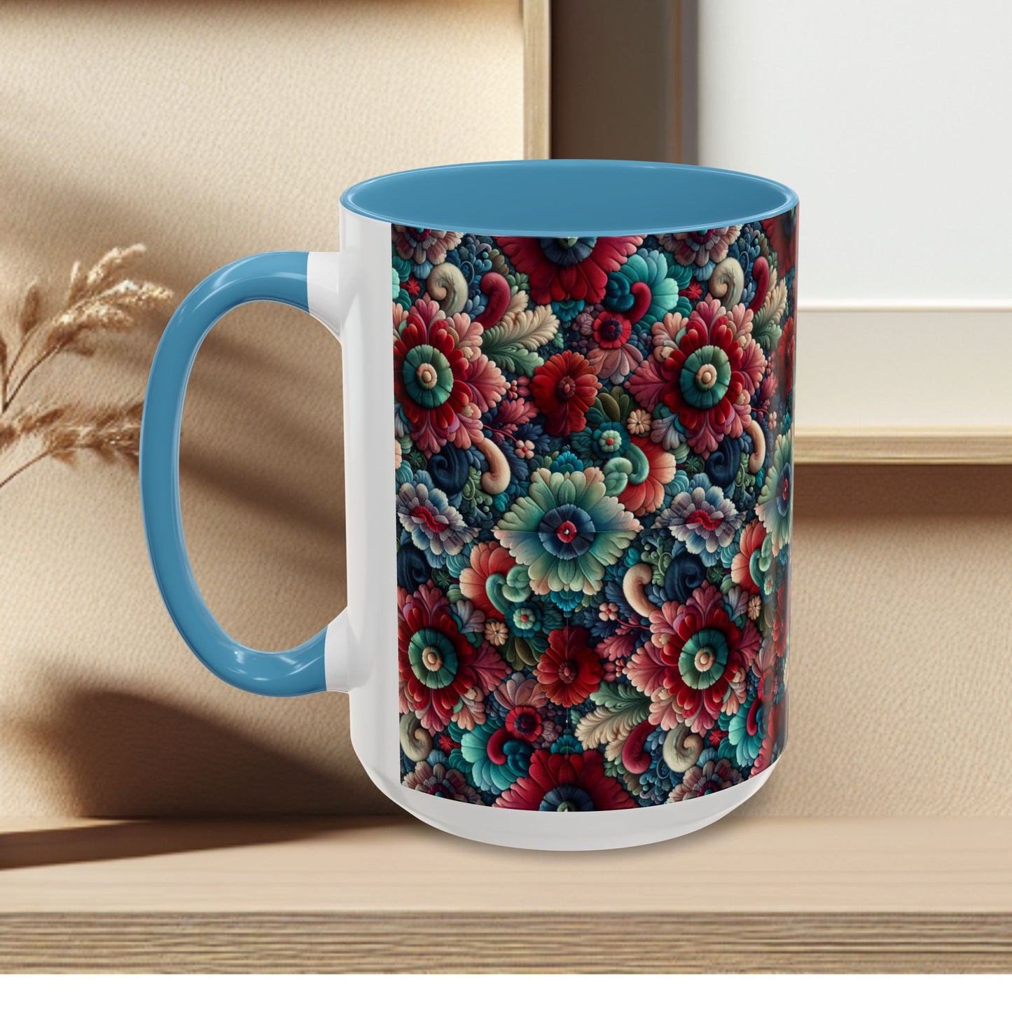 Beautiful Floral Pattern Accent Coffee Mug — Vibrant Vintage Bloom Design (11/15oz)
