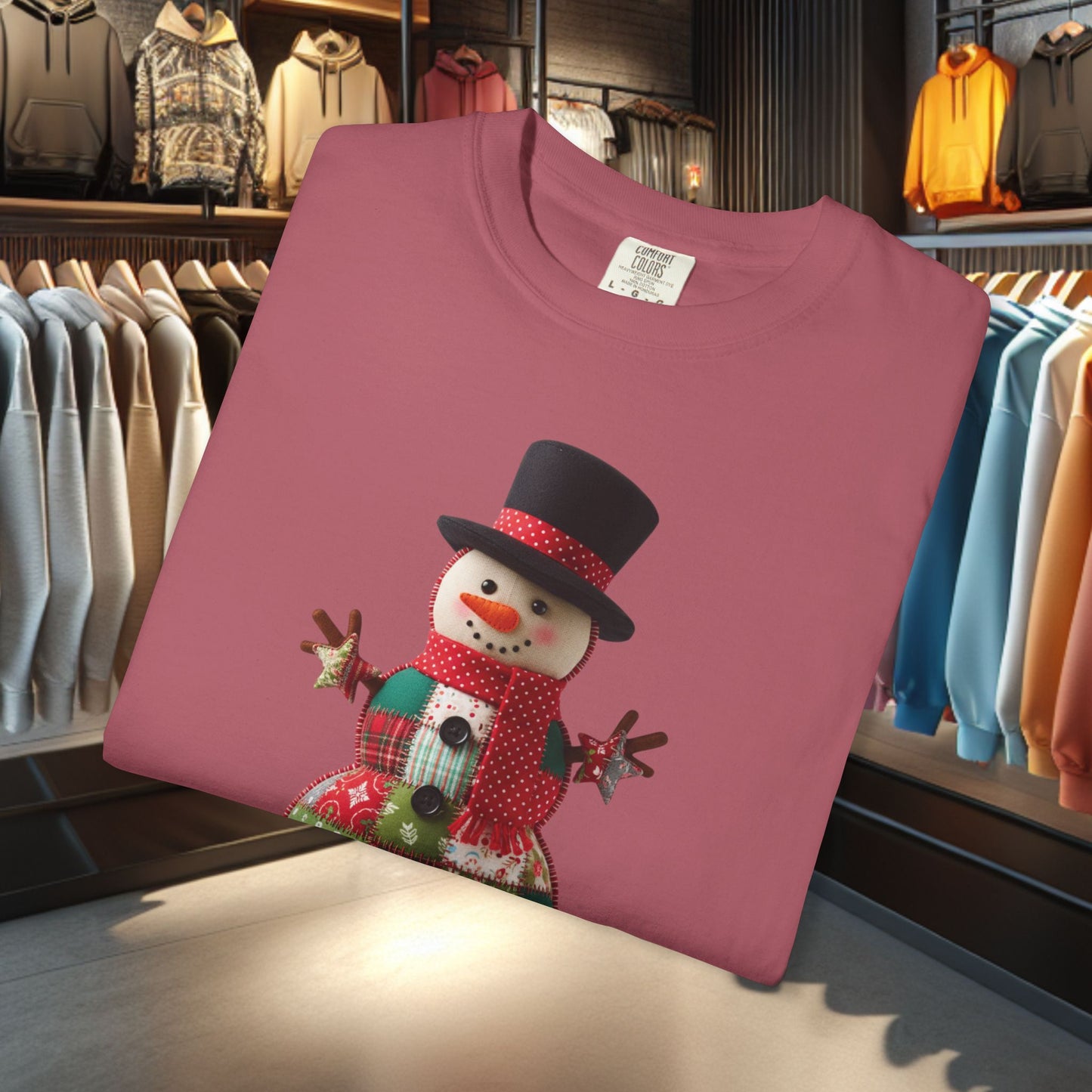 Patchwork Snowman T-Shirt — "Faux Patchwork" Garment-Dyed
