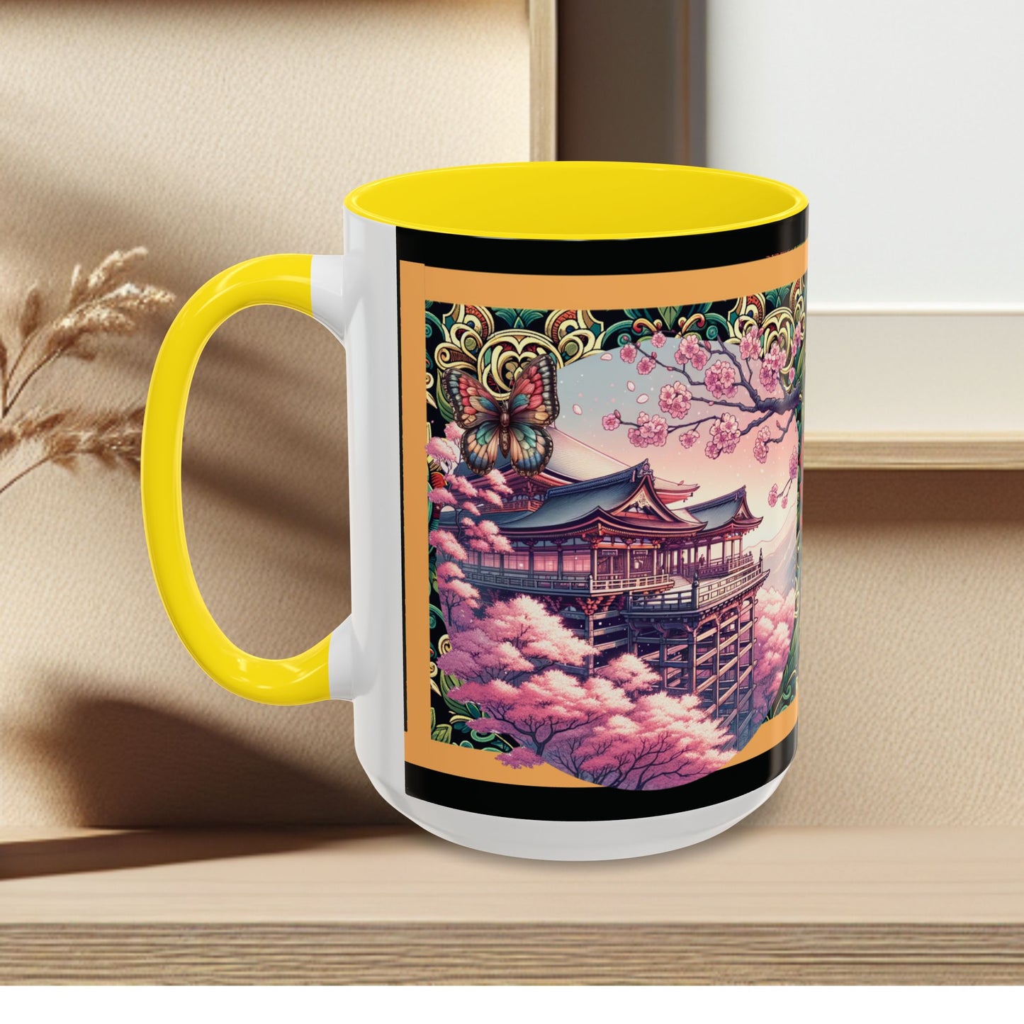 Mug - Sakura Butterfly Coffee Mug with Cherry Blossoms and a Rose