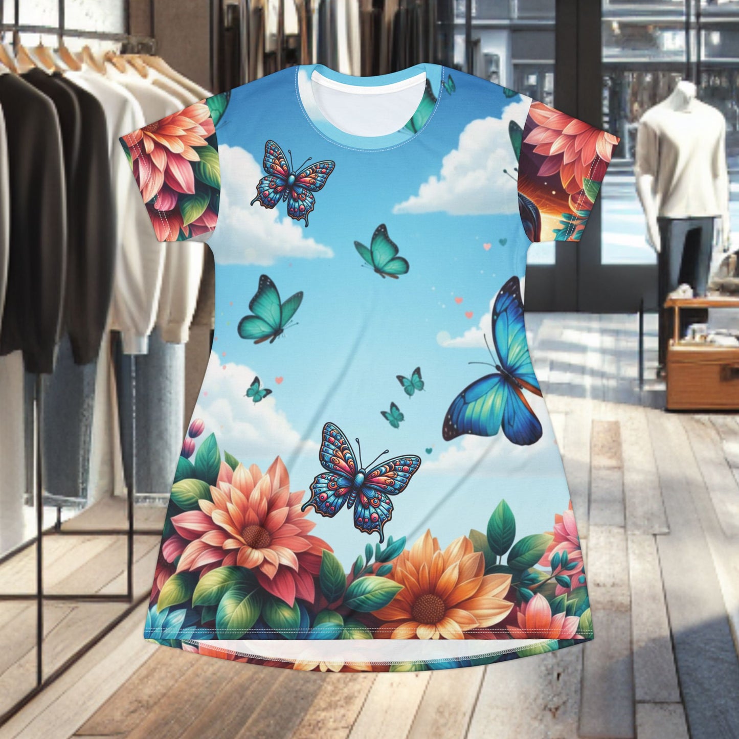 Butterfly Garden T-Shirt Dress — Floral All-Over Print