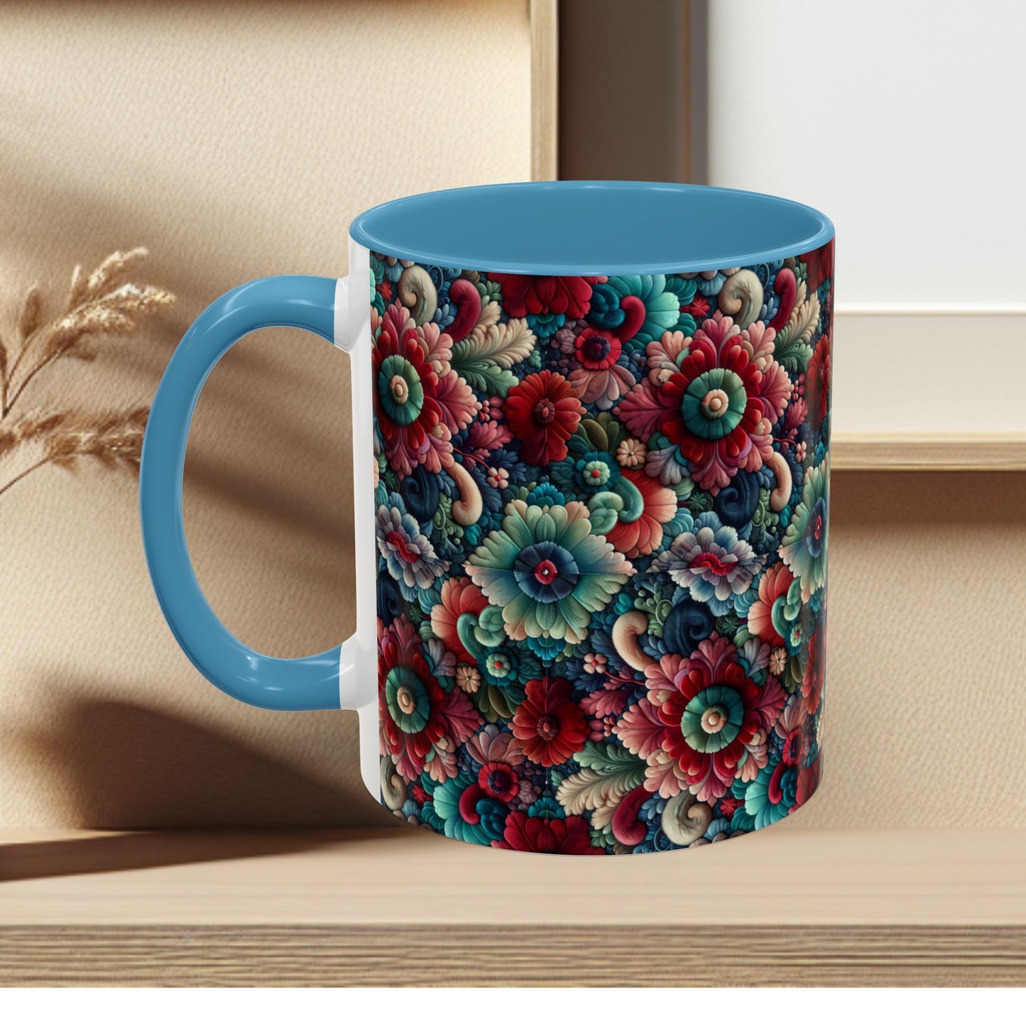 Beautiful Floral Pattern Accent Coffee Mug — Vibrant Vintage Bloom Design (11/15oz)