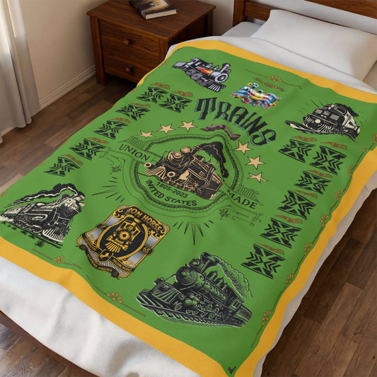 Vintage Train Velveteen Plush Blanket – Retro Locomotive Throw for Train Lovers