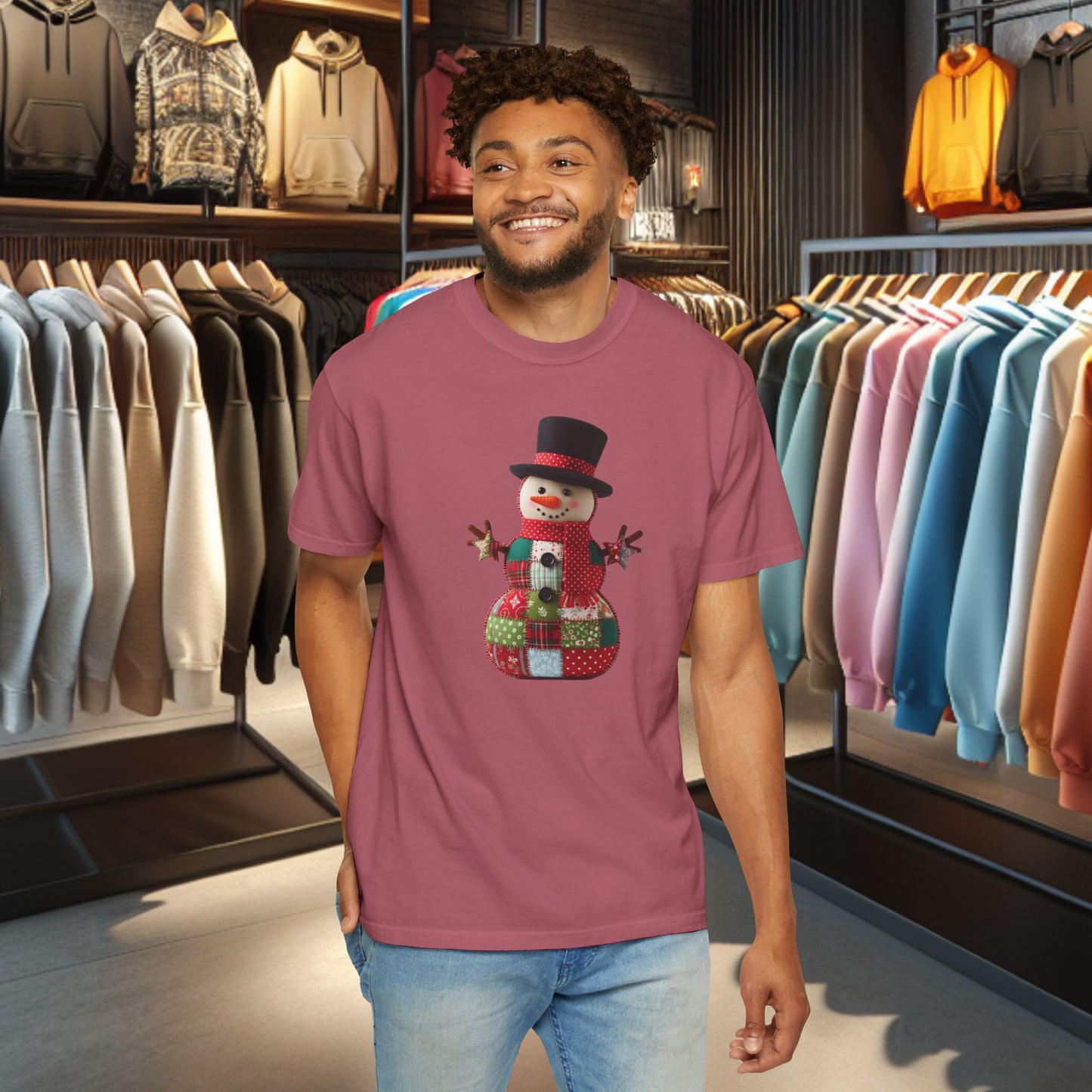 Patchwork Snowman T-Shirt — "Faux Patchwork" Garment-Dyed
