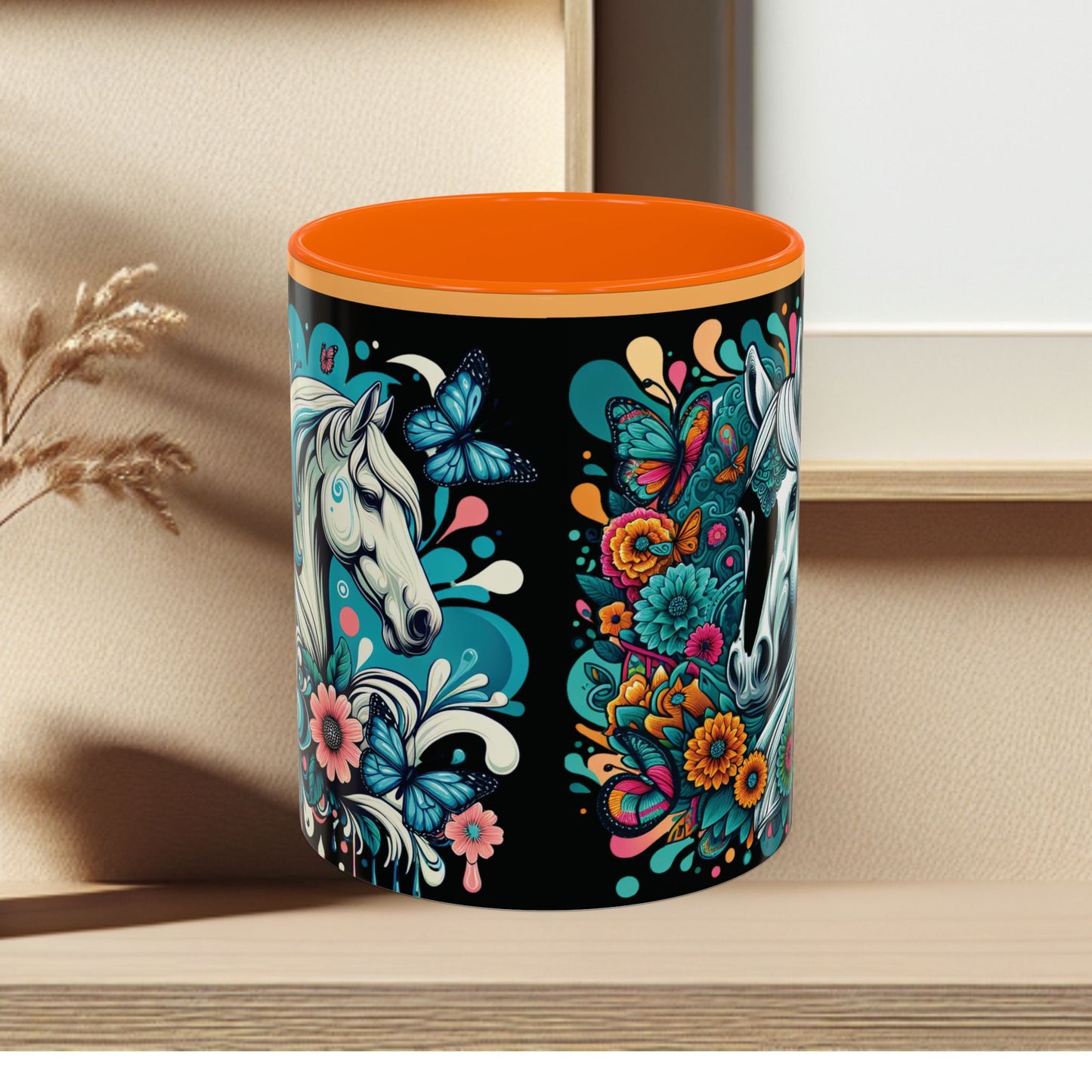 Coffee Mug White Horses with Blue Highlights in Flowers - Mug