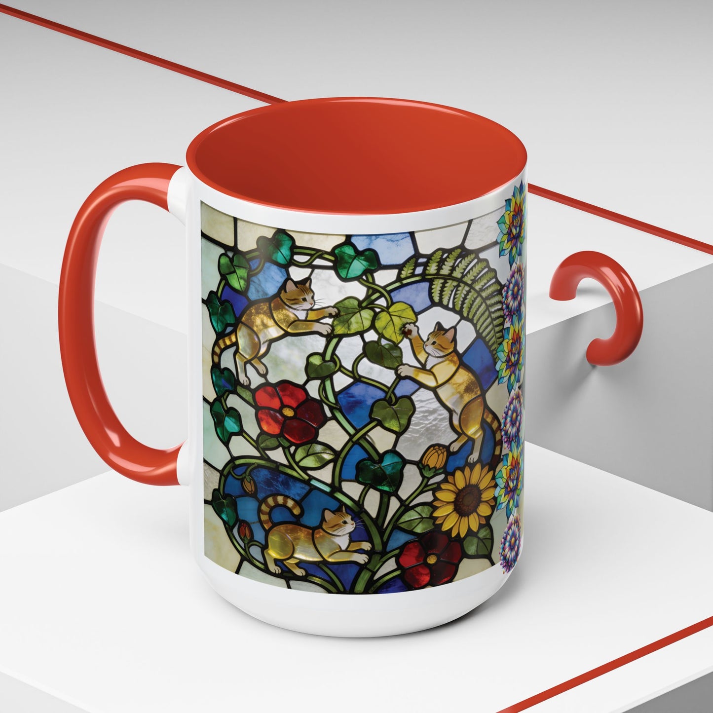 Stained Glass Cats Accent Coffee Mug – Floral Tiffany-Style 11/15oz