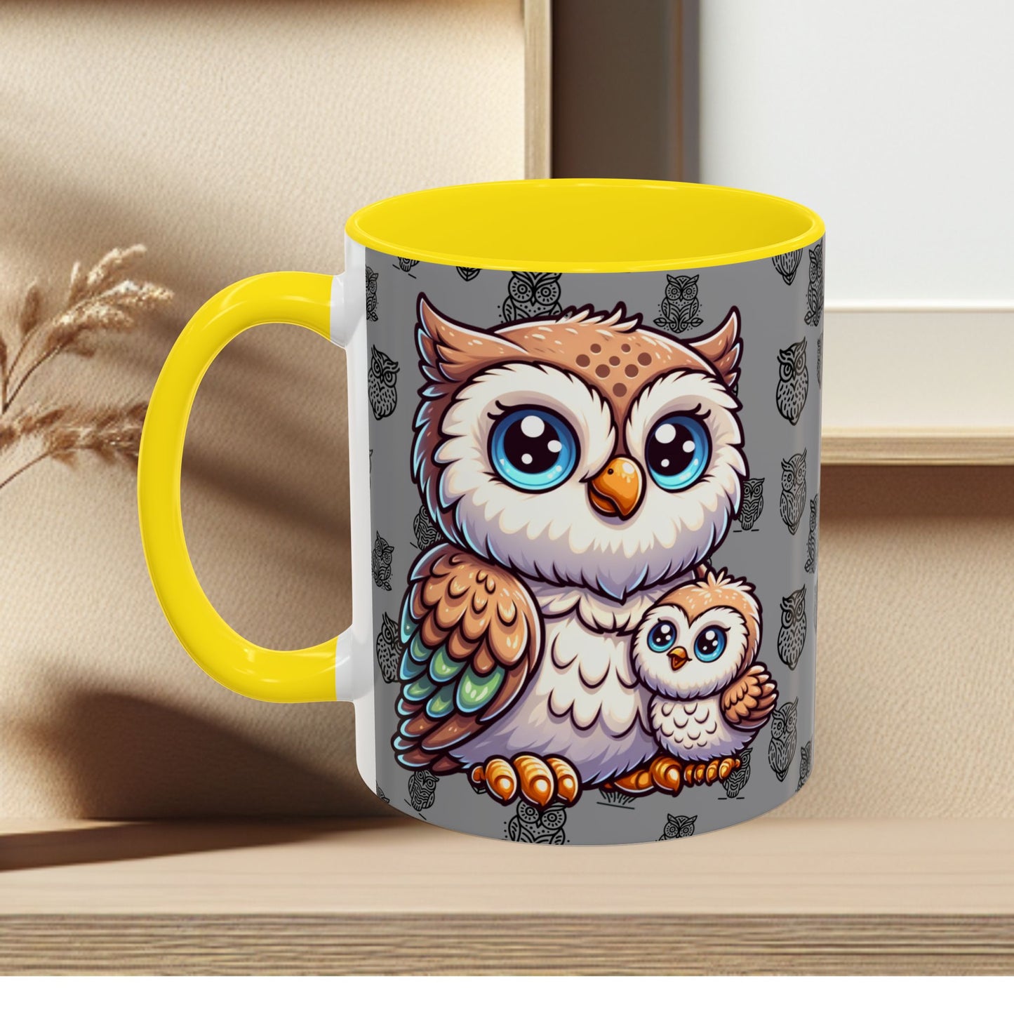 Gray Coffee Mug - Owl Family - Colorful Inspirational Owl Design