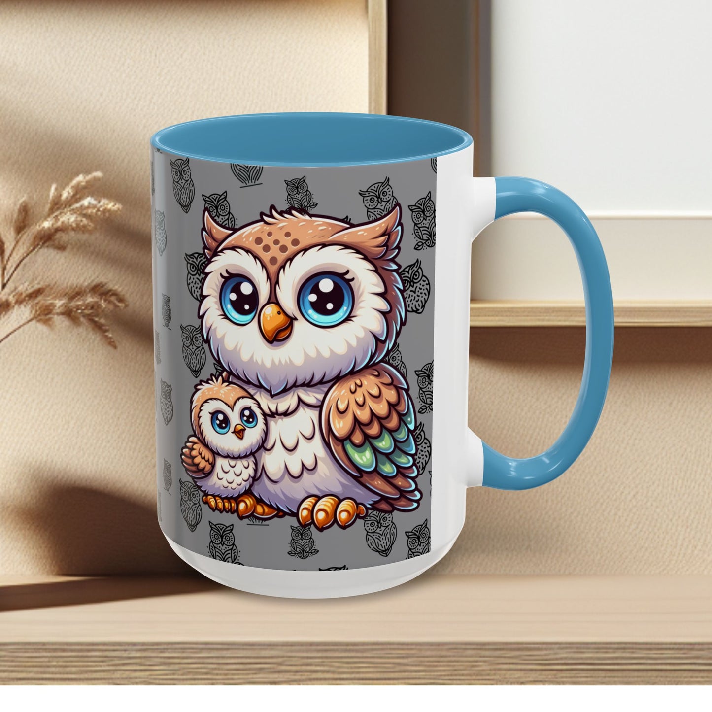 Gray Coffee Mug - Owl Family - Colorful Inspirational Owl Design