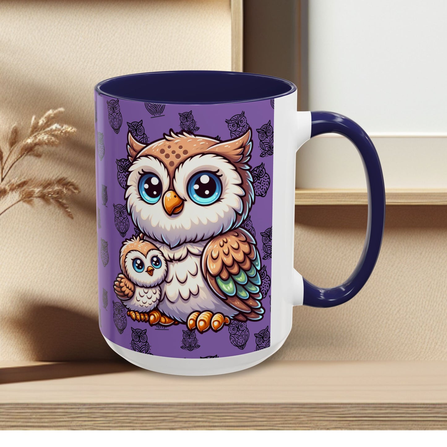 Purple Coffee Mug - Owl Family - Colorful Inspirational Owl Design