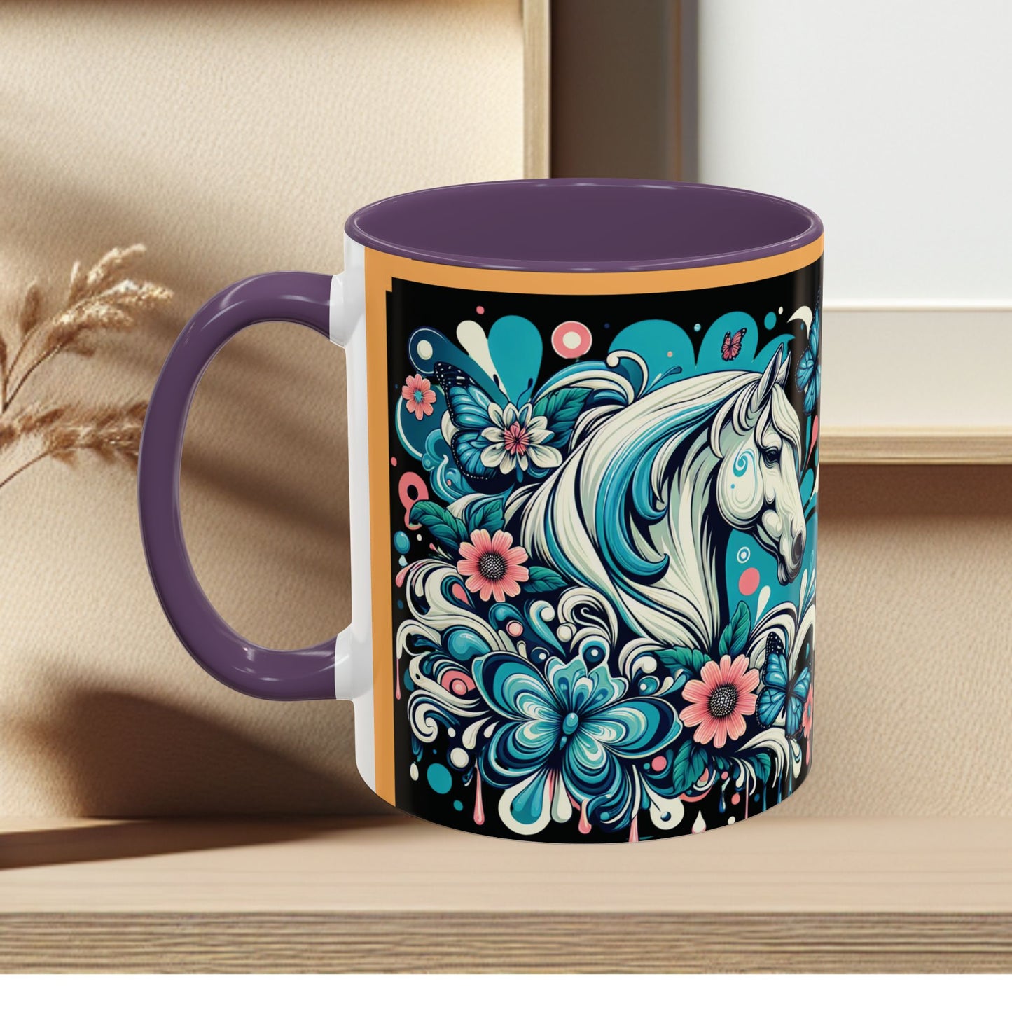 Coffee Mug White Horses with Blue Highlights in Flowers - Mug
