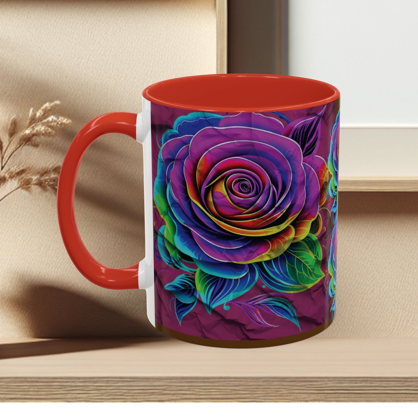 Rainbow Rose Accent Coffee Mug — Colorful Floral 11/15oz